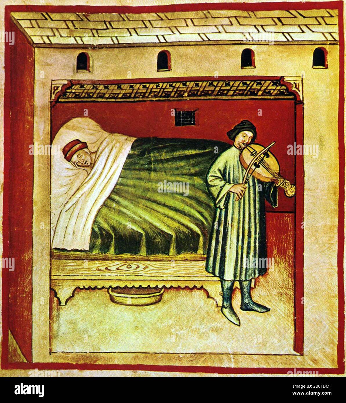 Iraq/Italy: Music as an aid in insomnia. Illustration from Ibn Butlan's Taqwim al-sihha or 'Maintenance of Health', published in Italy as the Tacuinum Sanitatis, 14th century.  The Tacuinum (sometimes Taccuinum) Sanitatis is a medieval handbook on health and wellbeing, based on the Taqwim al‑sihha, an eleventh-century Arab medical treatise by Ibn Butlan of Baghdad.  Ibn Butlân was a Christian physician born in Baghdad and who died in 1068.  He set forth six elements necessary to maintain daily health. Stock Photo
