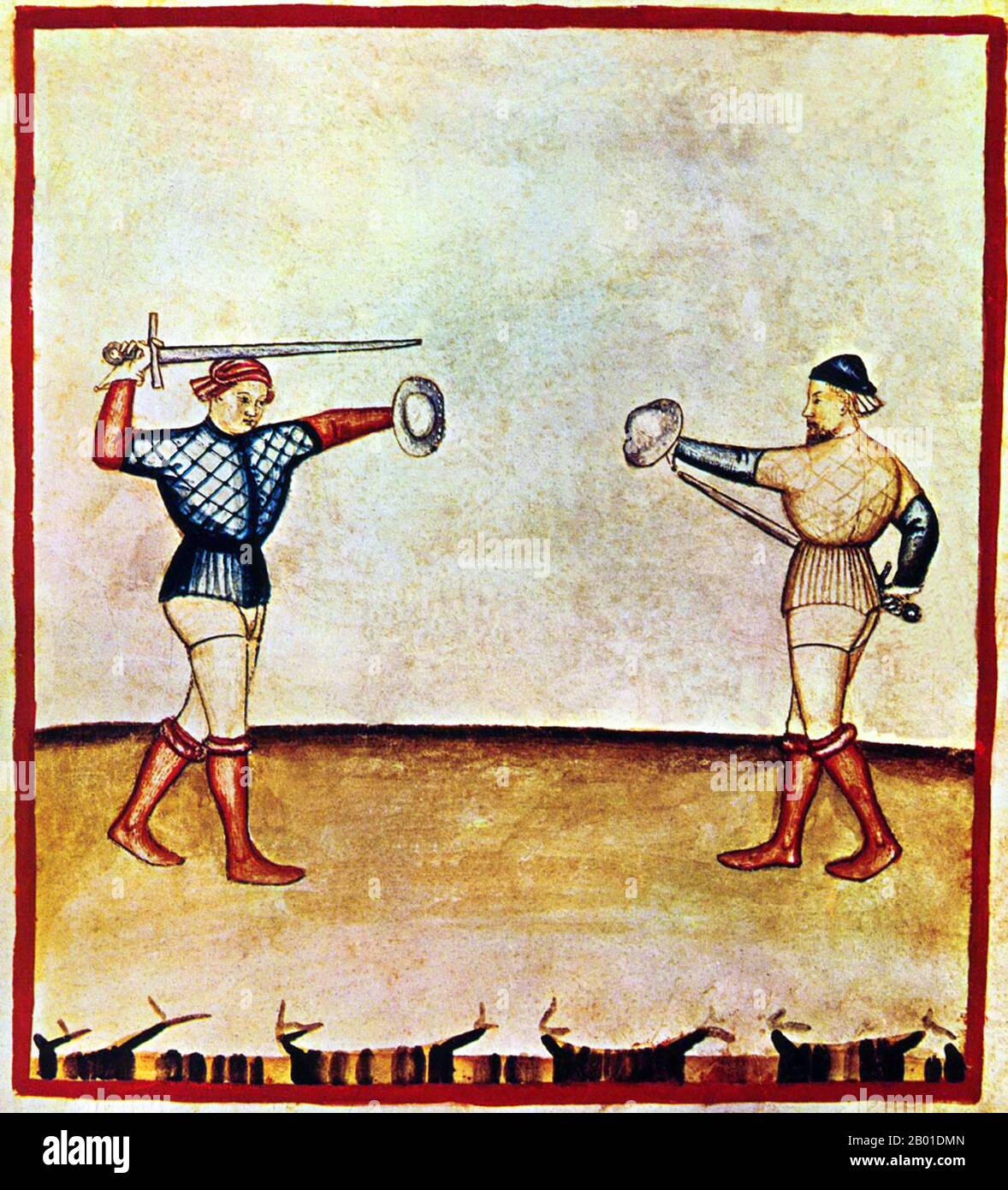 Iraq/Italy: Exercise - men fencing or duelling. Illustration from Ibn Butlan's Taqwim al-sihha or 'Maintenance of Health', published in Italy as the Tacuinum Sanitatis, 14th century.  The Tacuinum (sometimes Taccuinum) Sanitatis is a medieval handbook on health and wellbeing, based on the Taqwim al‑sihha, an eleventh-century Arab medical treatise by Ibn Butlan of Baghdad.  Ibn Butlân was a Christian physician born in Baghdad and who died in 1068.  He set forth six elements necessary to maintain daily health. Stock Photo