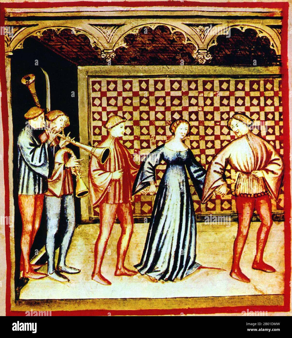 Iraq/Italy: Music and dance. Illustration from Ibn Butlan's Taqwim al-sihha or 'Maintenance of Health', published in Italy as the Tacuinum Sanitatis, 14th century.  The Tacuinum (sometimes Taccuinum) Sanitatis is a medieval handbook on health and wellbeing, based on the Taqwim al‑sihha, an eleventh-century Arab medical treatise by Ibn Butlan of Baghdad.  Ibn Butlân was a Christian physician born in Baghdad and who died in 1068.  He set forth six elements necessary to maintain daily health. Stock Photo