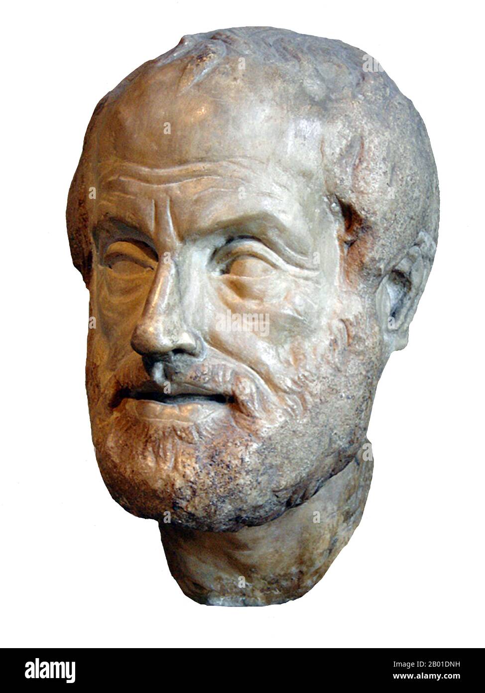 Greece/Rome: Portrait of Aristotle (384-322 BCE) in pentelic marble, copy from the Imperial Period (1st or 2nd century CE) of a lost bronze sculpture made by Lysippos of Sicyon (c. 390-300 BCE). Photo by Eric Gaba/Sting (CC BY-SA 2.5 License).  Aristotle (Greek: Ἀριστοτέλης, Aristotélēs) was a Greek philosopher, a student of Plato and teacher of Alexander the Great.  His writings cover many subjects, including physics, metaphysics, poetry, theater, music, logic, rhetoric, linguistics, politics, government, ethics, biology, and zoology. Stock Photo