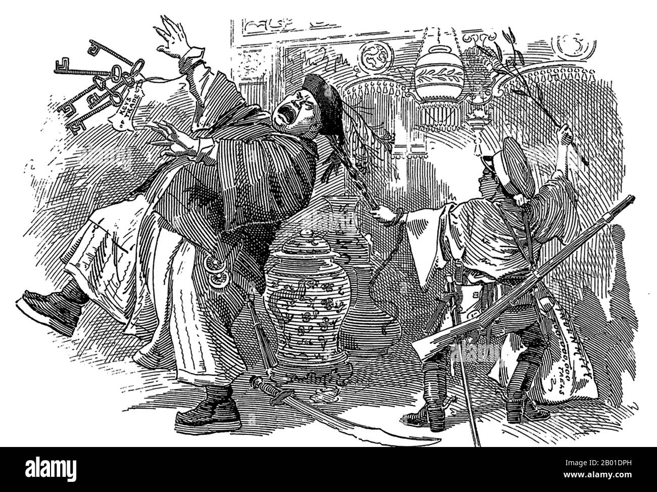 China/UK: 'Jap in a China Shop'. Satirical British cartoon of the Sino-Japanese War (1 August 1894 - 17 April 1895) in which China was defeated and forced to cede territories and pay a large indemnity of 340 million silver taels to Japan. Illustration from Punch, 27 April 1895.  'Now then, you pig-headed old pig-tail open your shop - and hand me the keys!' At the time of the war, the Japanese were seen by many Westerners as 'plucky' rather than imperialist aggressors.  The First Sino-Japanese War was fought between Qing Dynasty China and Meiji Japan, primarily over control of Korea. Stock Photo