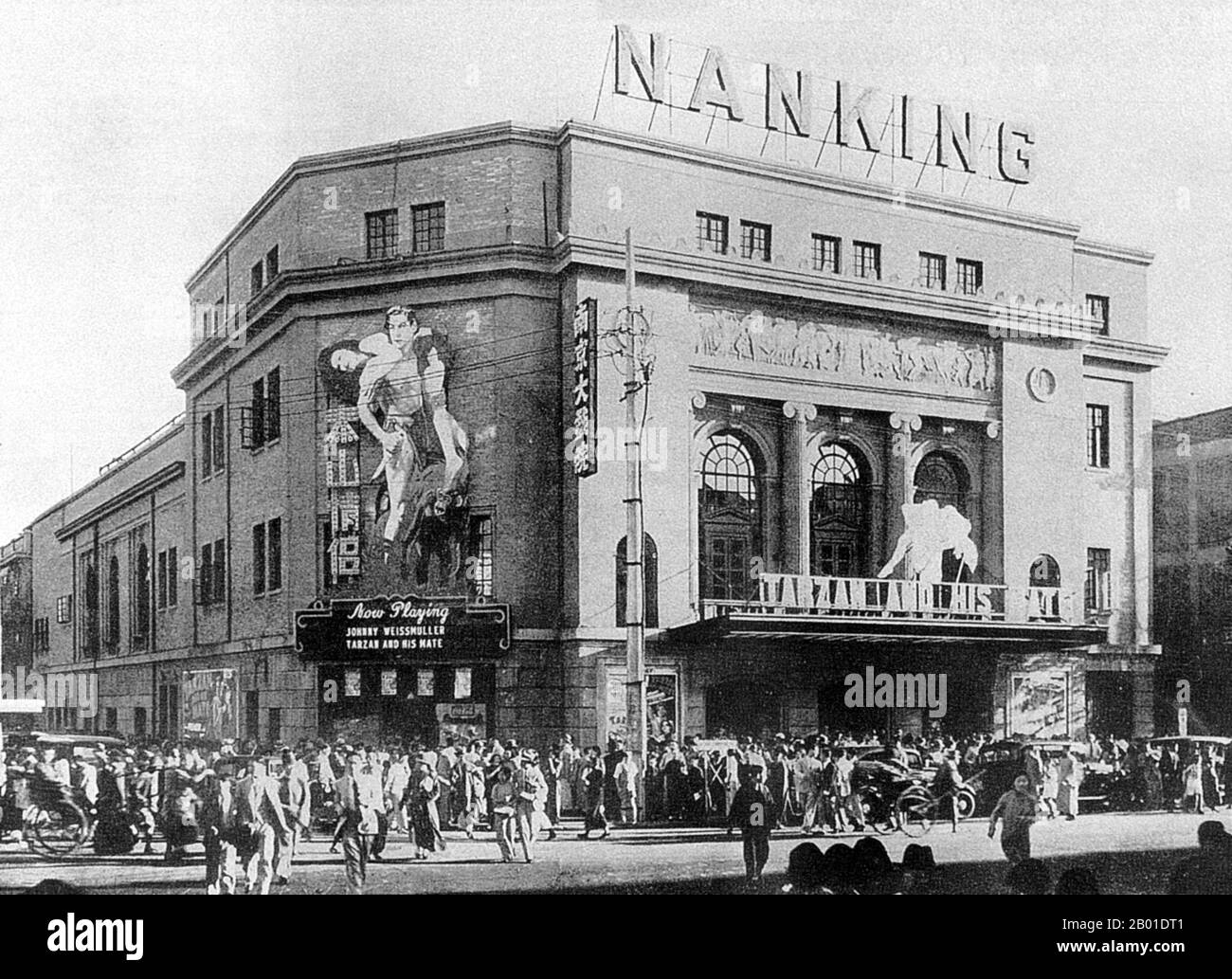 China: The Nanking Theatre showing 'Tarzan and His Mate', Shanghai, 1934.  Shanghai (Chinese: 上 海; Pinyin Shànghǎi) is one of the largest cities by population in the People's Republic of China, and the world. The city is located in eastern China, at the middle portion of the Chinese coast, and sits at the mouth of the Yangtze River. Due to its rapid growth over the last two decades it has again become a global city, exerting influence over finance, commerce, fashion, technology and culture.  Once a mere fishing and textiles town, Shanghai grew in importance in the 19th century. Stock Photo