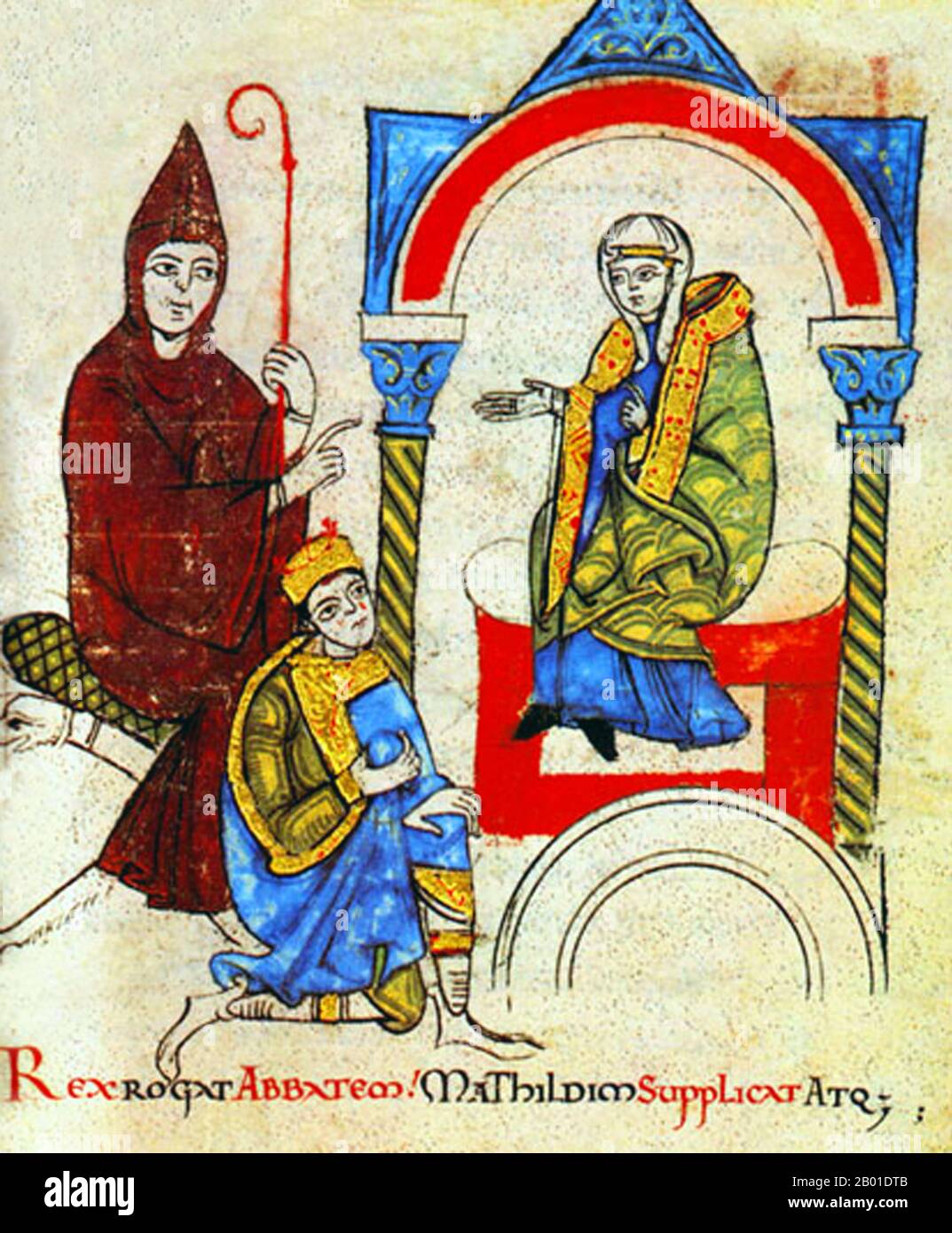 Italy: Holy Roman Emperor Henry IV Begging Countess Matilda of Tuscany (1046-1115) and Abbot Hugh of Cluny to intercede for Him with Pope Gregory VII. Miniature painting, Vatican Codex 4922, 1115 CE.  Matilda of Tuscany (Italian: Matilde, Latin: Mathilda) (1046-24 July 1115) was an Italian noblewoman, the principal Italian supporter of Pope Gregory VII during the Investiture Controversy. She is one of the few medieval women to be remembered for her military accomplishments. She is sometimes called la Gran Contessa (the Great Countess) or Matilda of Canossa after her ancestral castle. Stock Photo