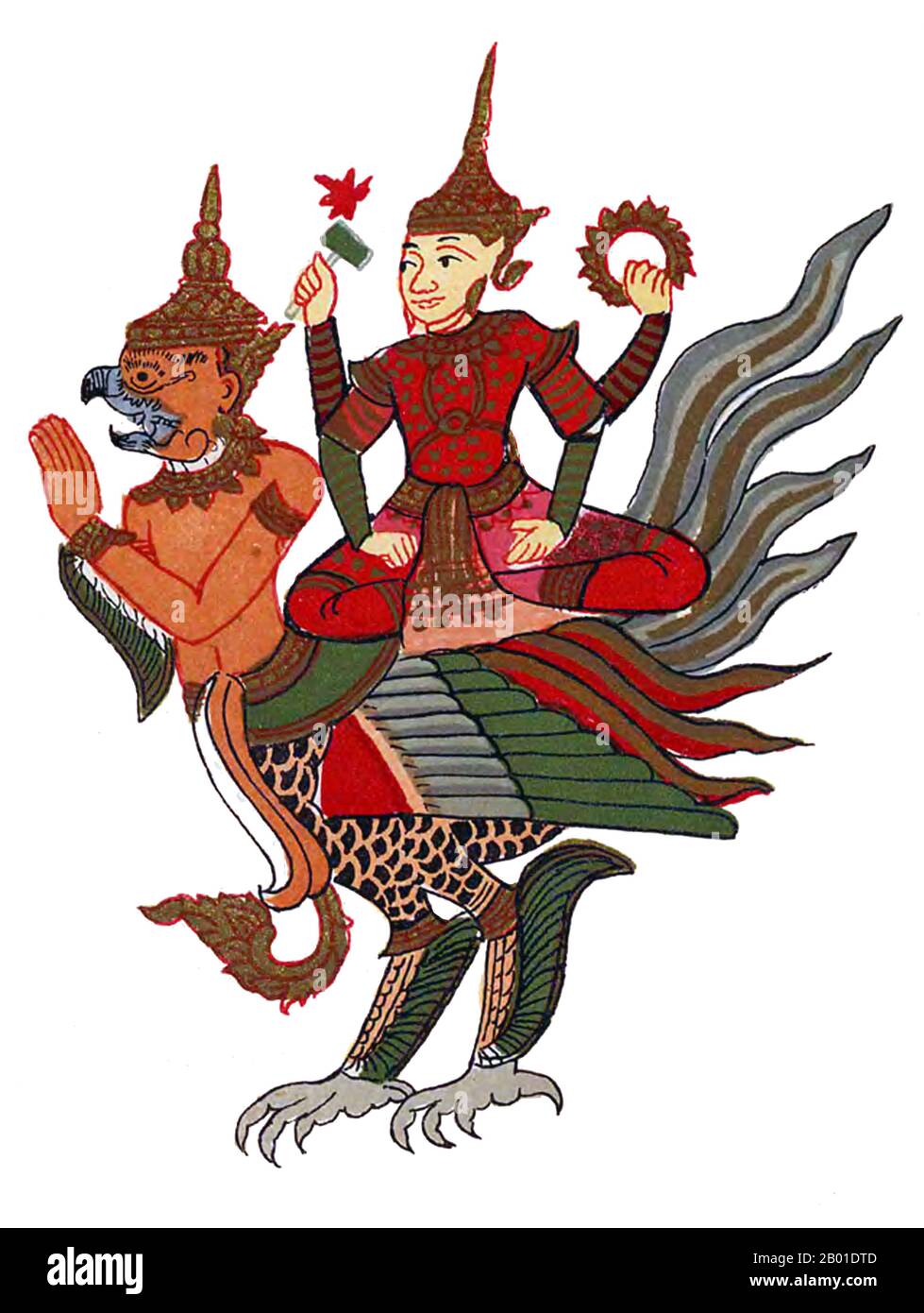 Burma/Myanmar: Vishnu - Beikthano in Burmese - on his mount, the garuda, in a traditional Burmese depiction. Illustration from 'The Thirty Seven Nats' by Richard Carnac Temple (15 October 1850 - 3 March 1931), 1906.  Vishnu (Sanskrit विष्णु Viṣṇu) is the Supreme god in the Vaishnavite tradition of Hinduism. Smarta followers of Adi Shankara, among others, venerate Vishnu as one of the five primary forms of God.  The Vishnu Sahasranama declares Vishnu as Paramatma (supreme soul) and Parameshwara (supreme God). It describes Vishnu as the All-Pervading essence of all beings. Stock Photo