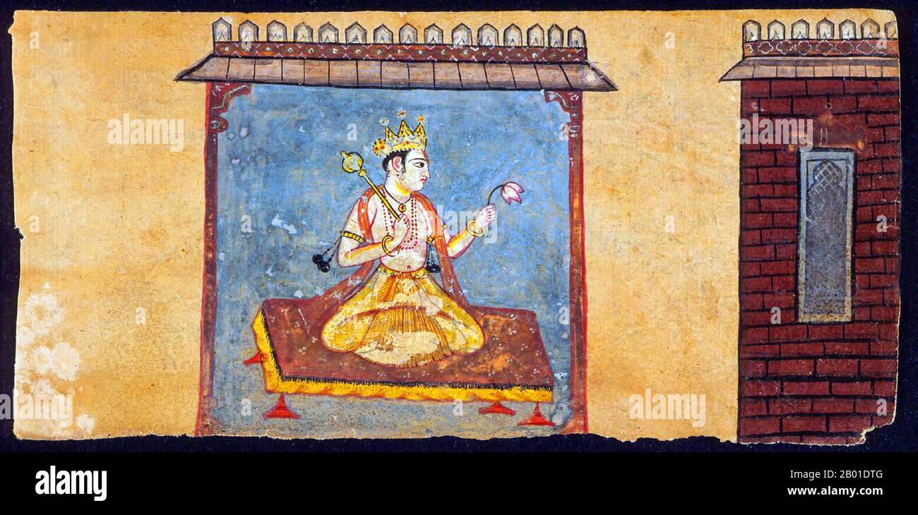 India: Vishnu seated in a pavilion. Watercolour painting, Himachal Pradesh, c. 1675.  Vishnu (Sanskrit विष्णु Viṣṇu) is the Supreme god in the Vaishnavite tradition of Hinduism. Smarta followers of Adi Shankara, among others, venerate Vishnu as one of the five primary forms of God.  The Vishnu Sahasranama declares Vishnu as Paramatma (supreme soul) and Parameshwara (supreme God). It describes Vishnu as the All-Pervading essence of all beings, the master of the past, present and future, one who supports, sustains and governs the Universe and originates and develops all elements within. Stock Photo