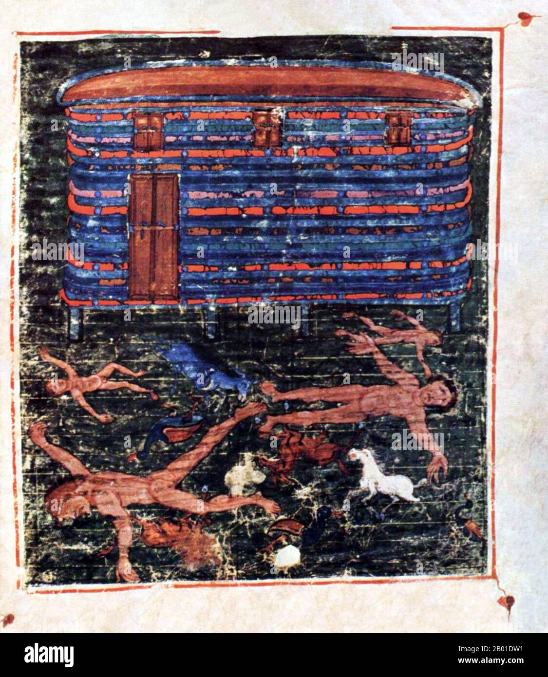 Germany/France: Sintflut - Le Déluge - The Great Flood. Ashburneham Pentateuch Manuscript, 7th century.  Noah (or Noe, Noach) was, according to the Hebrew Bible, the tenth and last of the antediluvian Patriarchs.  The biblical story of Noah is contained in chapters 6-9 of the book of Genesis, where he saves his family and representatives of all animals from the flood by constructing an ark. He is also mentioned as the 'first husbandman' and in the story of the Curse of Ham.  Noah is the subject of much elaboration in later Abrahamic traditions. Noah is also mentioned several times in the Quran Stock Photo