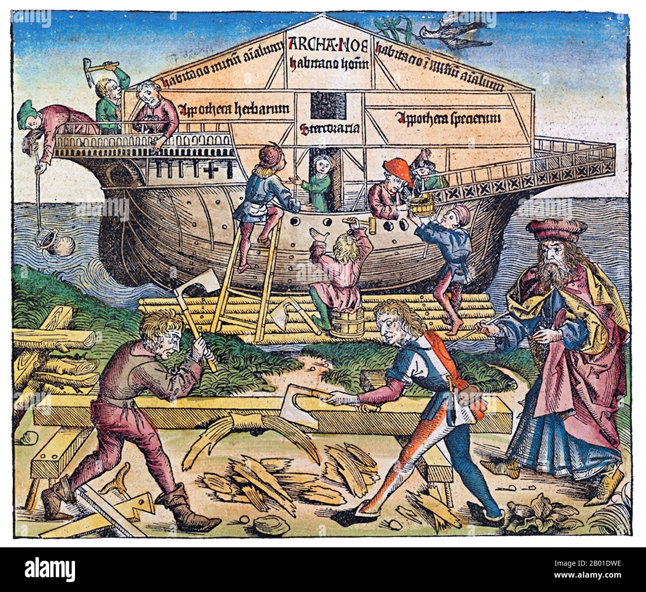 Germany: Noah supervising the construction of the ark as represented in the Nuremberg Chronicle, by Michael Wolgemut (1434-1519) and Wilhelm Pleydenwurff (1460-1494), 1493.  Noah (or Noe, Noach) was, according to the Hebrew Bible, the tenth and last of the antediluvian Patriarchs.  The biblical story of Noah is contained in chapters 6-9 of the book of Genesis, where he saves his family and representatives of all animals from the flood by constructing an ark. He is also mentioned as the 'first husbandman' and in the story of the Curse of Ham. Stock Photo