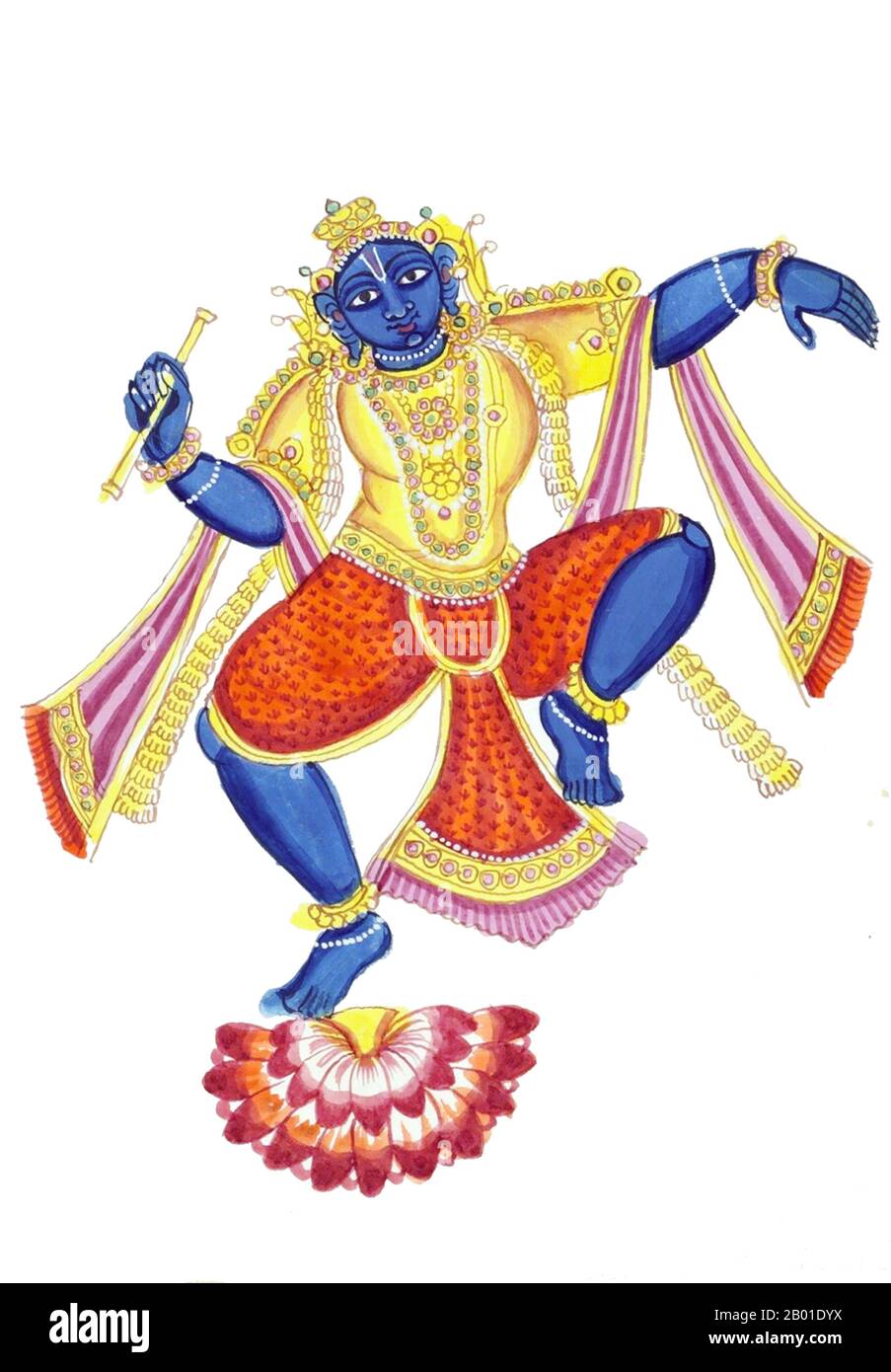 India: Krishna dancing on a lotus blossom. Gouache watercolour painting, Tiruchirappalli (Trichy), Tamil Nadu, 1825.  Krishna (literally 'dark, black, dark-blue') is a central figure of Hinduism and is traditionally attributed the authorship of the Bhagavad Gita. He is an Avatar of Vishnu and considered in some monotheistic traditions as the Supreme Being. Krishna is identified as a historical individual who participated in the events of the Mahābhārata.  Krishna is often described as an infant or young boy playing a flute as in the Bhagavata Purana, or as a youthful prince giving direction. Stock Photo