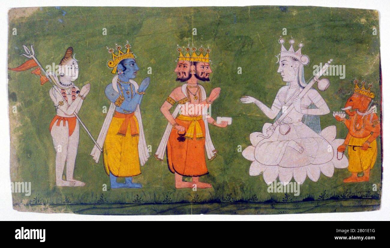 India: Shiva, Vishnu and Brahma pay homage to Mahadevi with Ganesha, c. 1750.  In Hinduism, Mahadevi (Sanskrit: Mahādevī, Devanagari: महादेवी) or 'Great Goddess' is a term used to denote the Goddess or Devi that is the sum of all other Devis - an all encompassing Female Deity as the consort or complement to an all encompassing Male Deity (Deva) or the Ultimate Reality (Brahman) in Shaktism. Stock Photo