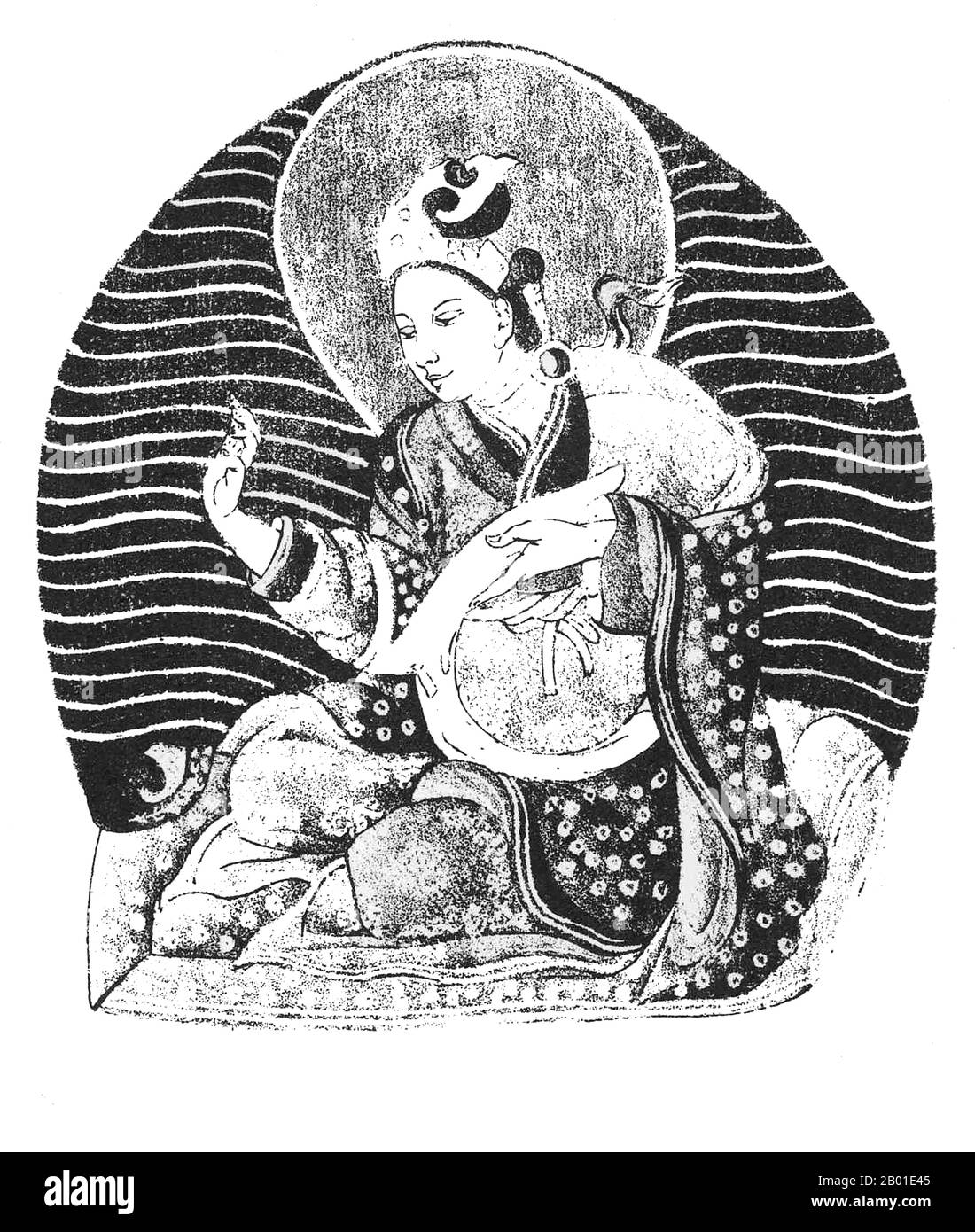 Manjushrí Kírti (Tib. Rigdan Tagpa) is said to have been born in 159 BCE and ruled over Shambhala which had 300,510 followers of the Mlechha (Yavana or 'western') religion living in it, some of whom worshiped the sun.  He is said to have expelled all the heretics from his dominions but later, after hearing their petitions, allowed them to return. For their benefit, and the benefit of all living beings, he explained the Kalachakra teachings. In 59 BCE he abdicated his throne to his son, Puṇdaŕika, and died soon afterwards, entering the Sambhoga-káya of Buddhahood. Stock Photo