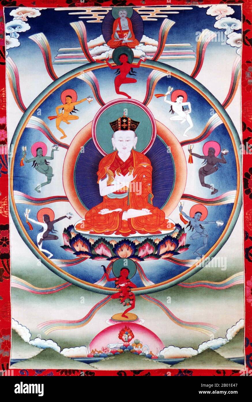 China/Tibet: Miko Dorje (1507-1554), the 8th Karmapa Lama. Thankga painting, 20th century.  Mikyö Dorje/Mikyo Dorje was the eighth Gyalwa Karmapa, head of the Kagyu School of Tibetan Buddhism.  Mikyö Dorje was born in Satam, Kham. According to the legend, he said after being born: 'I am Karmapa', and was recognised by Tai Situpa. In this case there was another child from Amdo who also claimed to be Karmapa. Gyaltsab Rinpoche, the regent of the region, thought of a test to decide who was the real Karmapa. This was the first time that a test was used to determine a reincarnation. Stock Photo