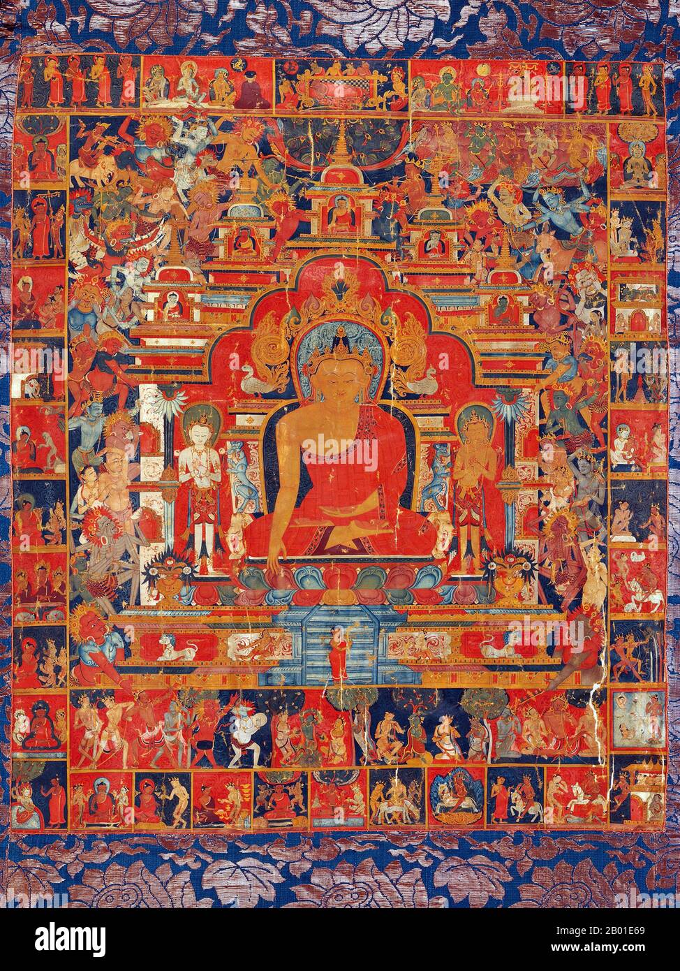 Tibet/China: Thangka painting with scenes from the life of Sakyamuni Buddha, Lhasa, 14th century.  Siddhārtha Gautama (Sanskrit: सिद्धार्थ गौतम; Pali: Siddhattha Gotama) was a spiritual teacher from ancient India who founded Buddhism. In most Buddhist traditions, he is regarded as the Supreme Buddha (P. sammāsambuddha, S. samyaksaṃbuddha) of our age, 'Buddha' meaning 'awakened one' or 'enlightened one'.  The time of his birth and death are uncertain: most early 20th-century historians dated his lifetime as c. 563 BCE to 483 BCE, but more recent opinion dates his death to between 486-483 BCE. Stock Photo