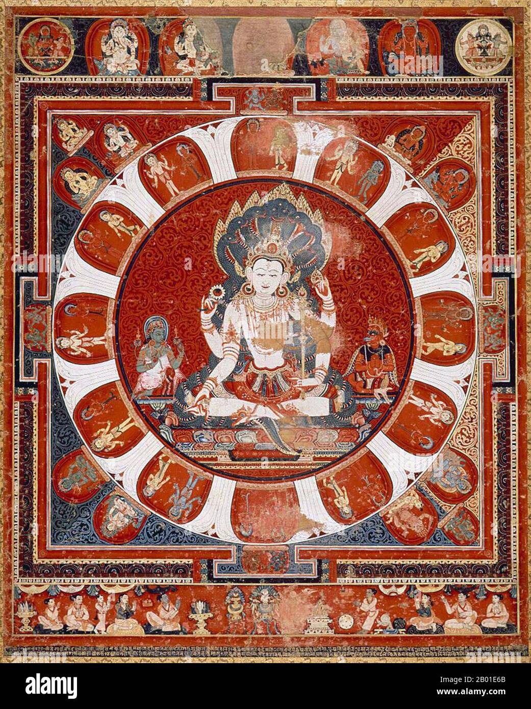 Nepal: Vishnu mandala paubha (religious painting) on cotton cloth by Jayateja (fl. 15th century), early 15th century.  Vishnu (Sanskrit विष्णु Viṣṇu) is the Supreme god in the Vaishnavite tradition of Hinduism. Smarta followers of Adi Shankara, among others, venerate Vishnu as one of the five primary forms of God.  The Vishnu Sahasranama declares Vishnu as Paramatma (supreme soul) and Parameshwara (supreme God). It describes Vishnu as the All-Pervading essence of all beings, the master of - and beyond - the past, present and future, one who supports, sustains and governs the Universe. Stock Photo