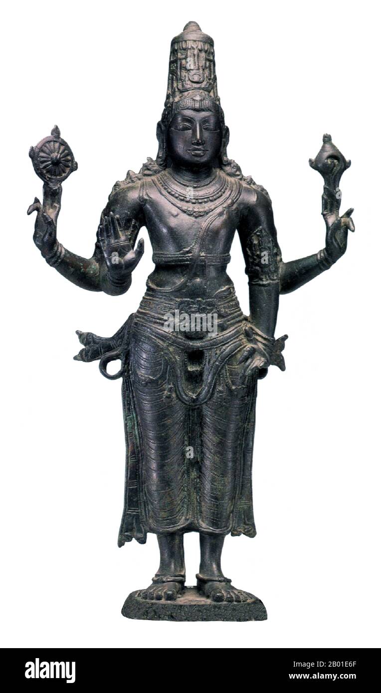 India: Statue of Vishnu standing, Tamil Nadu, Chola Era, c. 990 CE.  Vishnu (Sanskrit विष्णु Viṣṇu) is the Supreme god in the Vaishnavite tradition of Hinduism. Smarta followers of Adi Shankara, among others, venerate Vishnu as one of the five primary forms of God.  The Vishnu Sahasranama declares Vishnu as Paramatma (supreme soul) and Parameshwara (supreme God). It describes Vishnu as the All-Pervading essence of all beings, the master of - and beyond - the past, present and future, one who supports, sustains and governs the Universe and originates and develops all elements within. Stock Photo