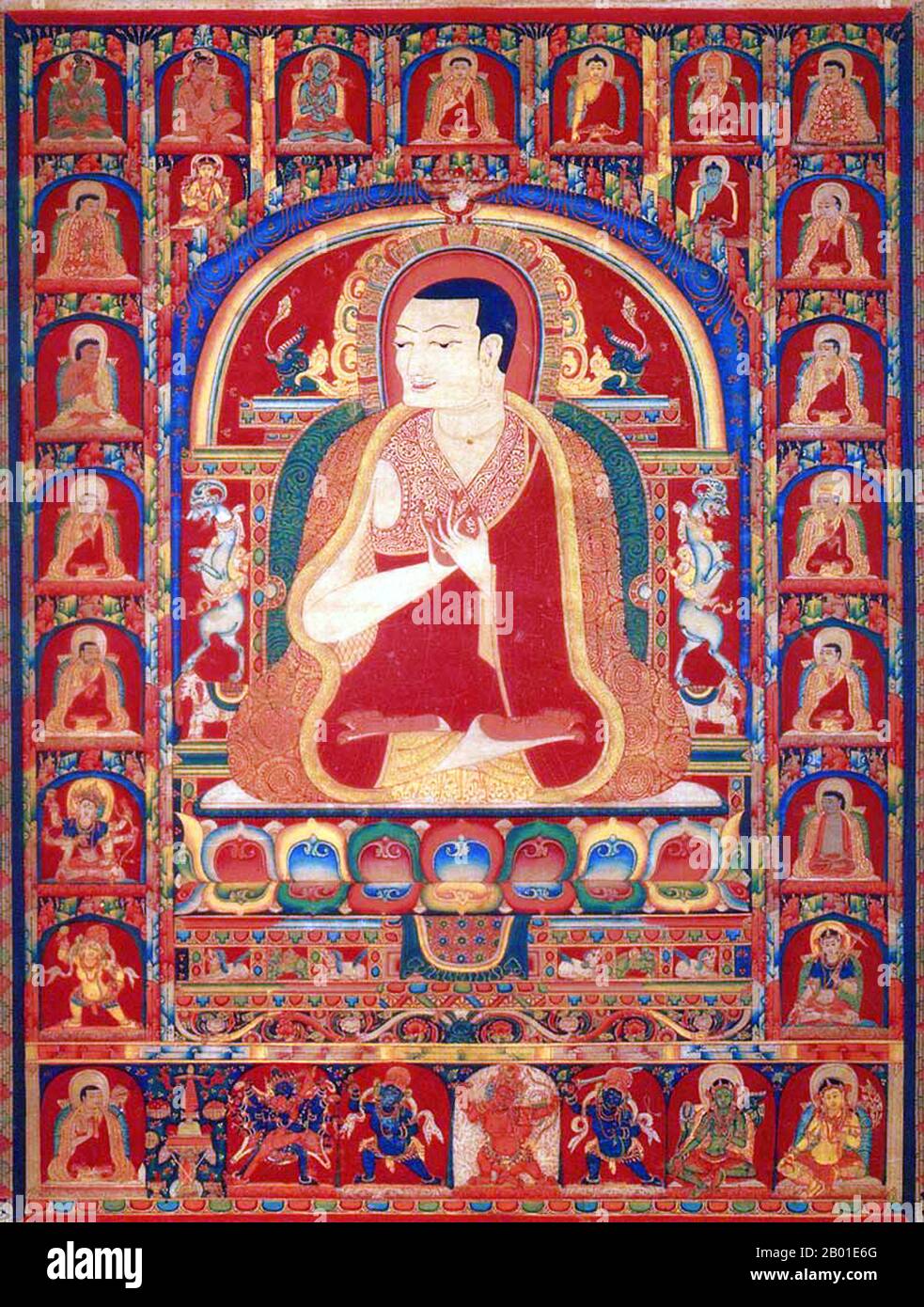 China/Tibet: Thangka of Onpo Lama Rimpoche, 13th century.  Onpo Lama Rimpoche was the fourth abbot of Taklung Gompa (Taklung stag-lung, Taklung Yarthang Monastery, Pel Taklug Tang), a Kagyu Buddhist monastery about 120 km north of Lhasa.  The monastery was founded in 1180 (or 1178) CE by Taklung Thangpa Tashi Pal (1142-1210), on a site previously inhabited by a famous Kadampa lama, Potawa, who was a disciple of Dromton (1005-1064), Atisha's chief disciple. It is the main seat of the Taklung Kagyu, one of the four chief schools of the Kagyu sect. Stock Photo