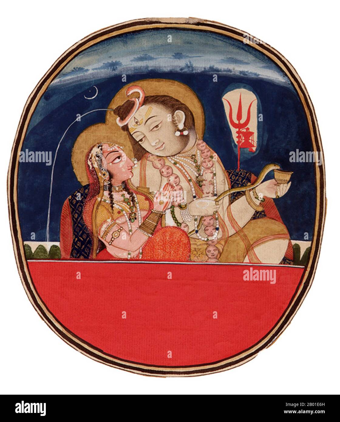 India: Shiva with his consort Parvati, Mewari watercolour miniature by Chokha (fl. 1779-1826), Udaipur or Devgarh, c. 1820.  Shiva (Sanskrit: शिव Śiva, meaning 'auspicious one' ) is a major Hindu deity, and is the destroyer god or transformer among the Trimurti, the Hindu Trinity of the primary aspects of the divine.  Shiva is depicted three-eyed, the  waters of the River Ganges poring from his top-knot.  Parvati (Sanskrit: पार्वती (IAST: Pārvatī)) is a Hindu goddess. Parvati is Shakti herself, considered as wife of Shiva, albeit the gentle aspect of Mahadevi, the Supreme Goddess. Stock Photo