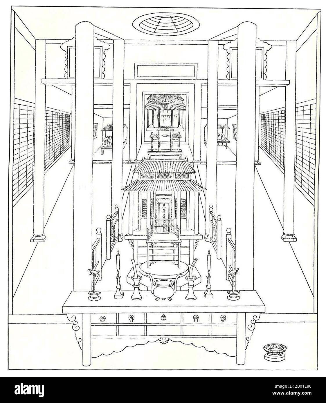 China: The interior of the Kaifeng synagogue based on a drawing by the Jesuit Père Jean Domange (1666-1735), 1722.  The Kaifeng Jews are members of a small Jewish community that has existed in Kaifeng, in the Henan province of China, for hundreds of years.  Jews in modern China have traditionally called themselves Youtai (from Judah) in Mandarin Chinese which is also the predominant contemporary Chinese language term for Jews in general. However, the community was known by their Han Chinese neighbors as adherents of Tiaojinjiao, meaning, loosely, the religion which removes the sinew. Stock Photo