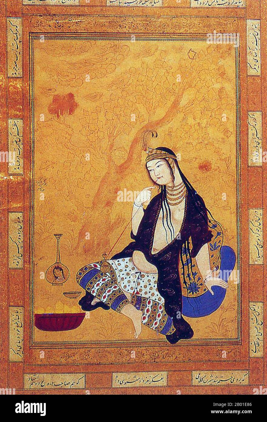 Iran/Persia: Portrait of a girl smoking, Muhammad Qasim Musavvir (c. 1575-1659), Isfahan, 17th century.  Muhammad Qasim Musavvir, one of the famous artists of the Isfahan School, was born in Tabriz. Although his style is quite individual, it has something of the manner of Riza Abbasi, head of the painters' workshop of Shah Abbas I between 1603 and 1605.  Muhammad Qasim was responsible for a number of paintings for albums, portraits of dervishes, young women, cup bearers and princes. He also illustrated a copy of Firdawsi's Book of Kings dated 1648, now at Windsor Castle. Stock Photo