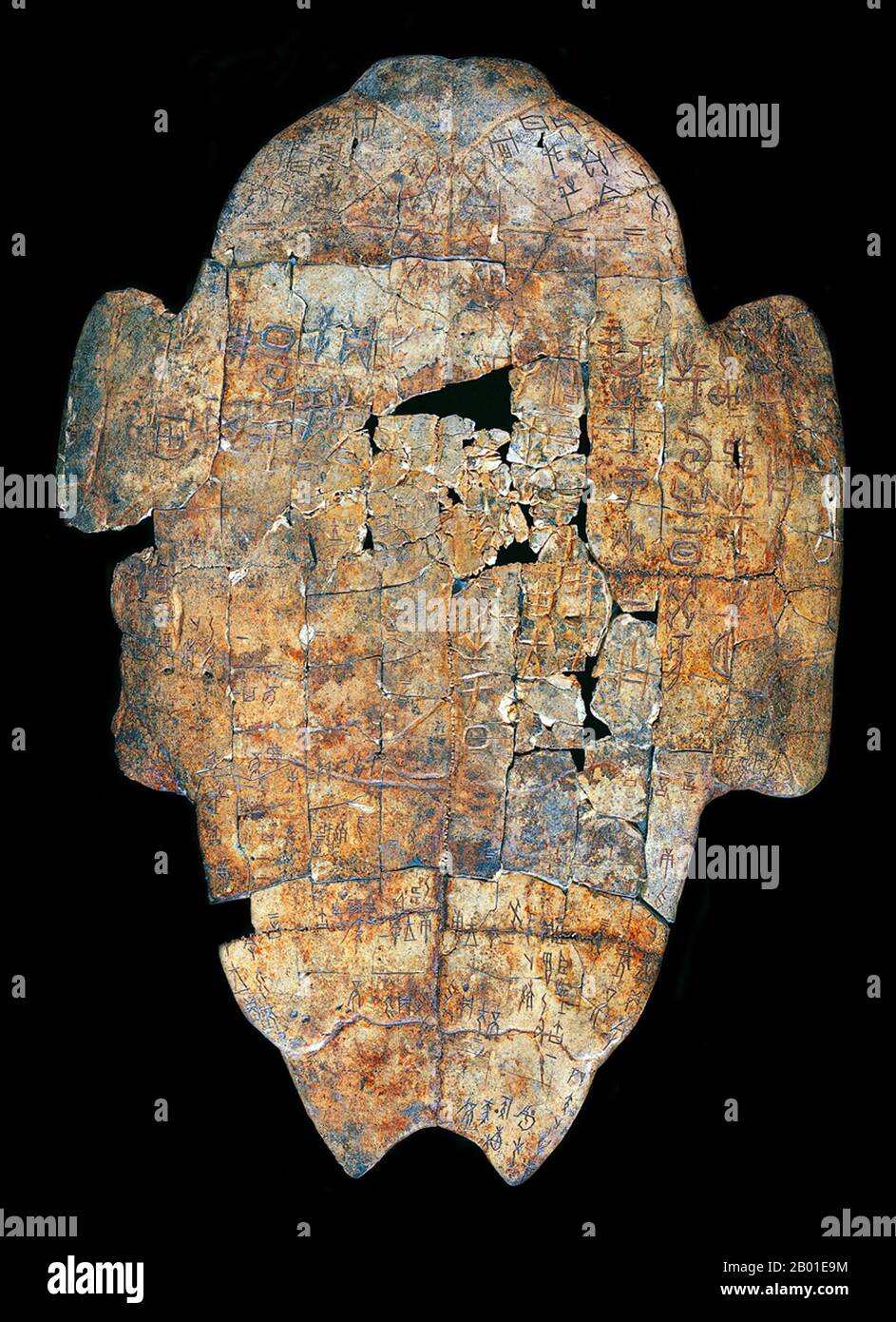 China: An oracle bone of turtle plastron divining the outcome of a military campaign. Xiaotun, Anyang County, Henan Province, c. 1300-1050 BCE.  Oracle bone inscriptions (Chinese: 甲骨; pinyin: jiǎgǔ) are the ancient Chinese characters carved on animal scapulas (shoulder blades) or turtle plastron (underside).  The oracle bone inscriptions were mainly used for divination and keeping records of events that happened in the late Shang Dynasty (c. 1300-1050 BCE). Stock Photo