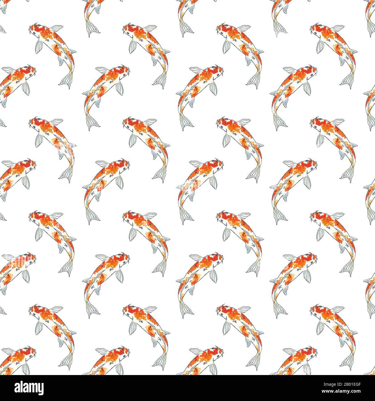 Seamless pattern of koi fish. Hand drawing sketch on white background. Watercolor illustration can be used in greeting cards, posters, flyers, banners, logo, further design etc. Stock Photo