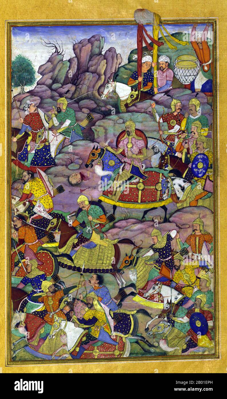 India: The final phase of the battle of Kandahar on the side of the Murghan mountain. Miniature painting from the Baburnama, late 16th century.  Bāburnāma (literally: 'Book of Babur' or 'Letters of Babur'; alternatively known as Tuzk-e Babri) is the name given to the memoirs of Ẓahīr ud-Dīn Muḥammad Bābur (1483-1530), founder of the Mughal Empire and a great-great-great-grandson of Timur. It is an autobiographical work, originally written in the Chagatai language, known to Babur as 'Turki' (meaning Turkic), the spoken language of the Andijan-Timurids. Stock Photo