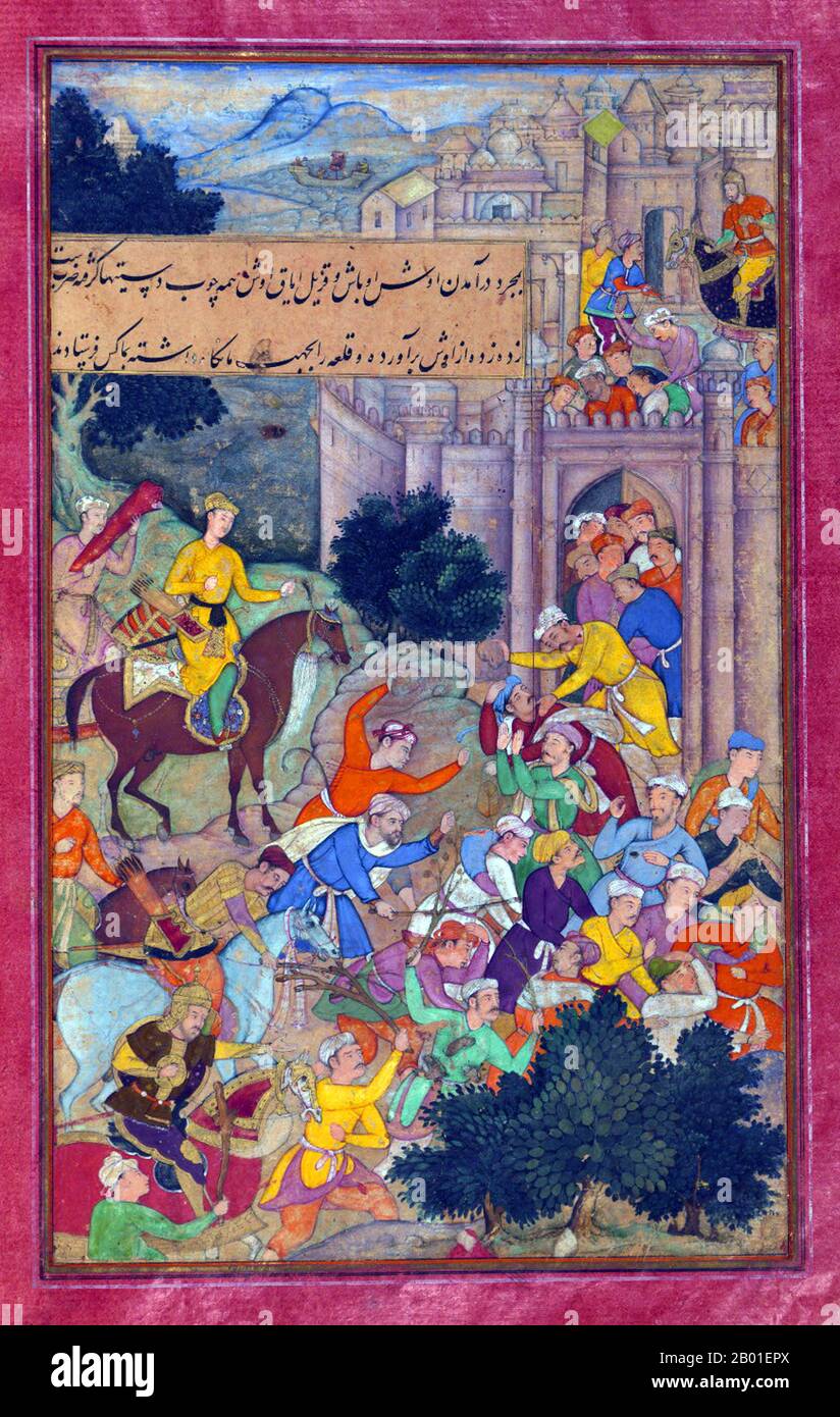 India: The inhabitants of Osh (Ūsh) drive the enemy out with sticks and clubs to defend the town for Babur. Miniature painting from the Baburnama, late 16th century.  Bāburnāma (literally: 'Book of Babur' or 'Letters of Babur'; alternatively known as Tuzk-e Babri) is the name given to the memoirs of Ẓahīr ud-Dīn Muḥammad Bābur (1483-1530), founder of the Mughal Empire and a great-great-great-grandson of Timur. It is an autobiographical work, originally written in the Chagatai language, known to Babur as 'Turki' (meaning Turkic), the spoken language of the Andijan-Timurids. Stock Photo