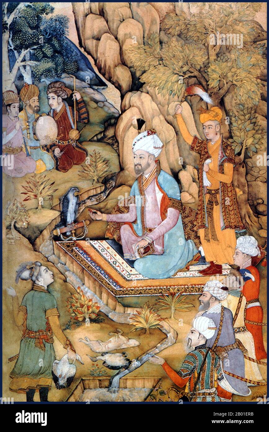 India: Zahir ud-din Muhammad Babur (1483-1530), the first Mughal Emperor, relaxing while being entertained. Miniature painting from the Baburnama, c. 1605.  Bāburnāma (literally: 'Book of Babur' or 'Letters of Babur'; alternatively known as Tuzk-e Babri) is the name given to the memoirs of Ẓahīr ud-Dīn Muḥammad Bābu, founder of the Mughal Empire and a great-great-great-grandson of Timur. It is an autobiographical work, originally written in the Chagatai language, known to Babur as 'Turki' (meaning Turkic), the spoken language of the Andijan-Timurids. Stock Photo