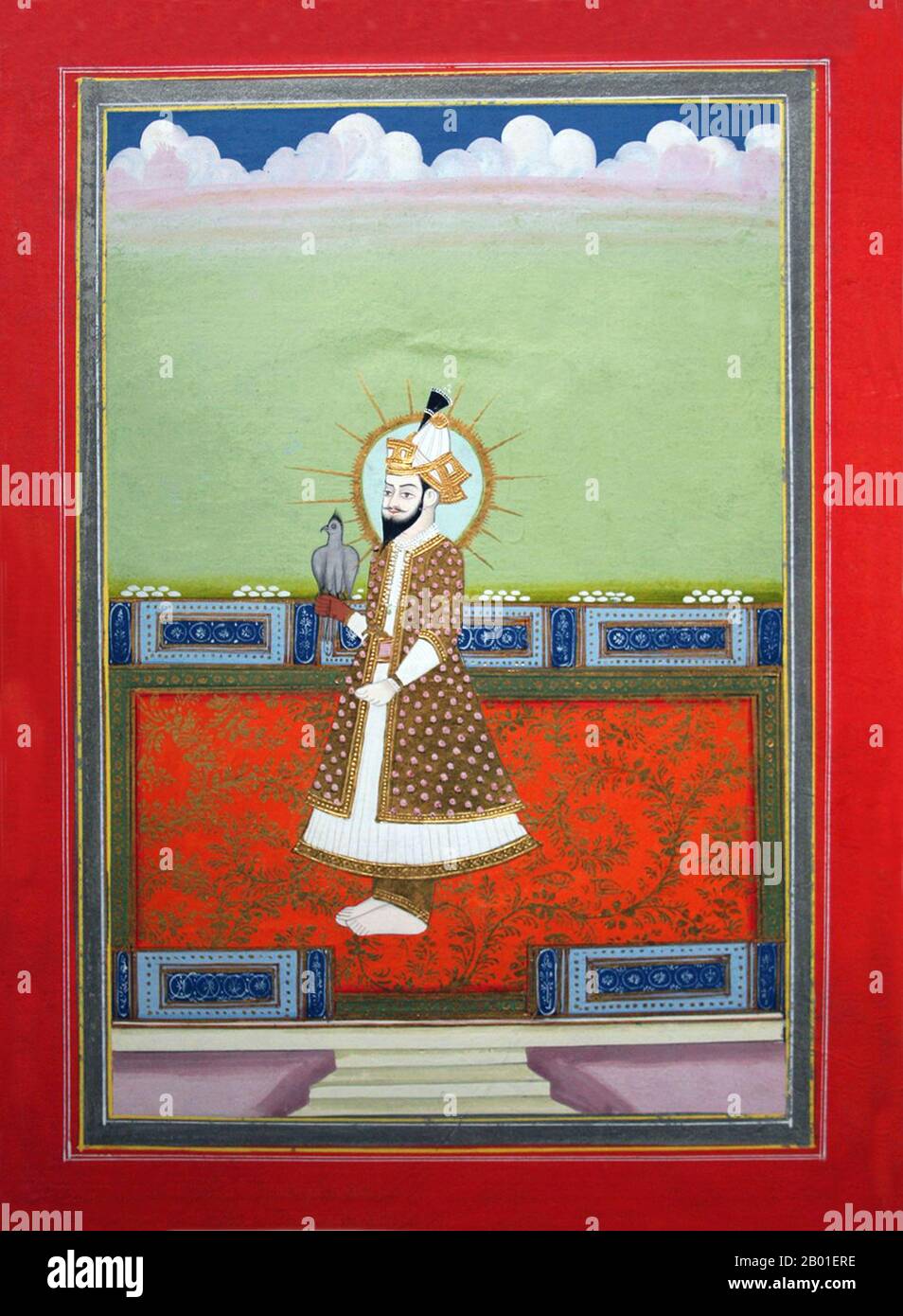 India: Humayun (7 March 1508 - 22 February 1556), second Mughal Emperor. Miniature painting, 18th century.  Nasir ud-din Muhammad Humayun (full title: Al-Sultan al-'Azam wal Khaqan al-Mukarram, Jam-i-Sultanat-i-haqiqi wa Majazi, Sayyid al-Salatin, Abu'l Muzaffar Nasir ud-din Muhammad Humayun Padshah Ghazi, Zillu'llah) was the second Mughal Emperor who ruled present day Afghanistan, Pakistan, and parts of northern India (r. 1530-1540, 1555-1556).  Like his father, Babur, he lost his kingdom early, but with Persian aid, he eventually regained an even larger one. Stock Photo