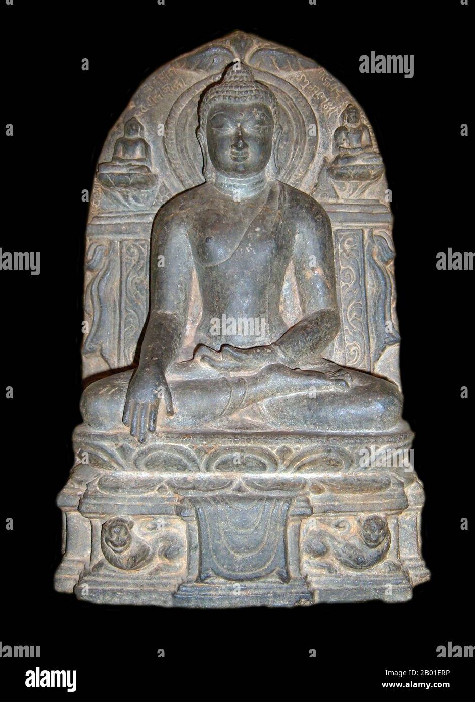 India/Bangladesh: A sculpture of Buddha in the Attitude of Victory over Mara, Bengal, Pala Dynasty, c. 11th century CE. Photo by BrokenSphere (CC BY-SA 3.0 License).  The Pāla Empire, one of the major middle kingdoms of India, existed from 750–1174 CE. It was ruled by a Buddhist dynasty from Bengal in the eastern region of the Indian subcontinent, all the rulers bearing names ending with the suffix Pala (Modern Bengali: পাল pāl), which means protector. The Palas were often described by opponents as the Lords of Gauda. The Palas were followers of the Mahayana and Tantric schools of Buddhism. Stock Photo