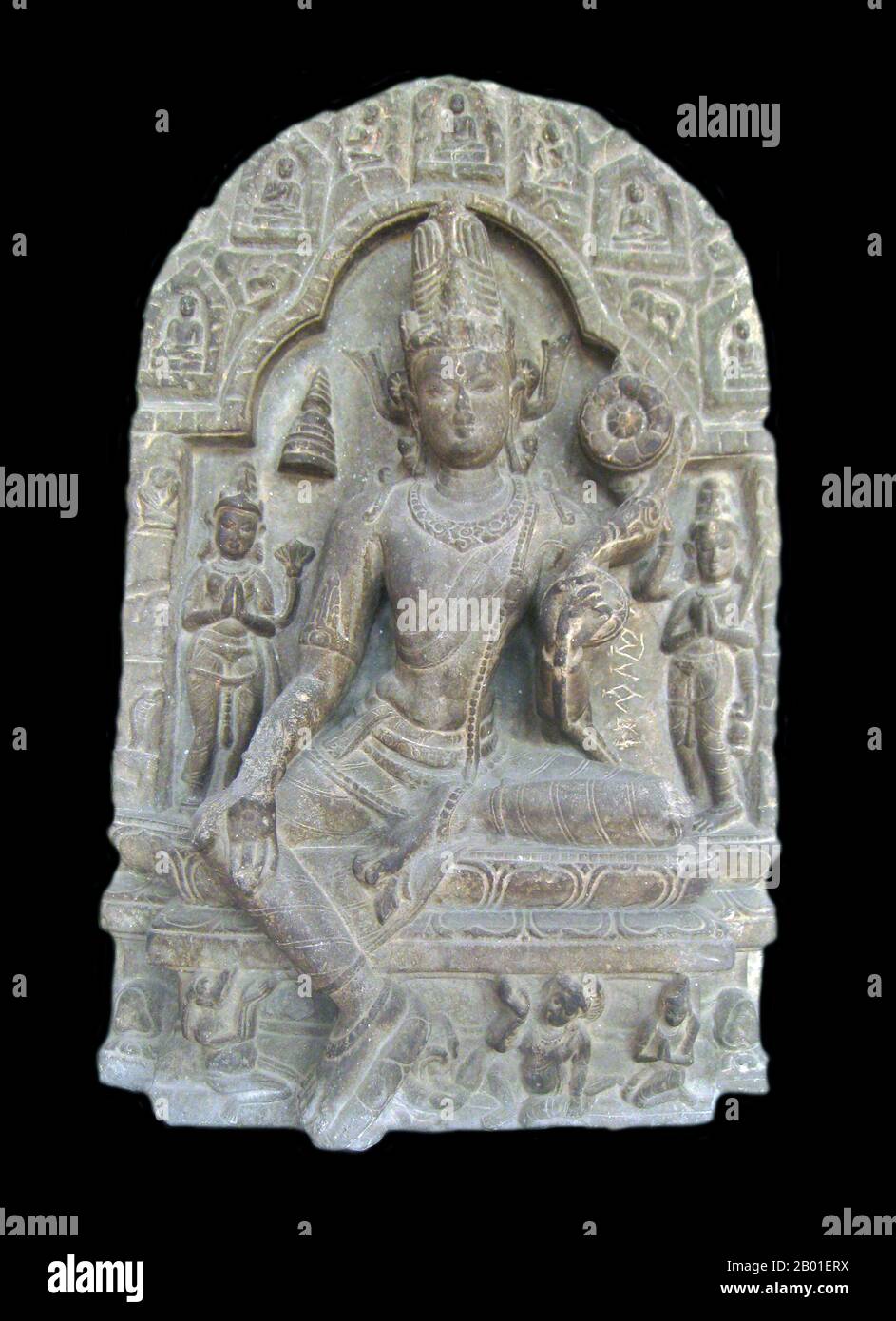 India/Bangladesh: Avalokiteshvara Padmapani, Pala Dynasty, Bengal, c. 10th-11th century CE.  The Pāla Empire, one of the major middle kingdoms of India, existed from 750-1174 CE. It was ruled by a Buddhist dynasty from Bengal in the eastern region of the Indian subcontinent, all the rulers bearing names ending with the suffix Pala (Modern Bengali: পাল pāl), which means protector. The Palas were often described by opponents as the Lords of Gauda. The Palas were followers of the Mahayana and Tantric schools of Buddhism. Gopala was the first ruler from the dynasty. Stock Photo