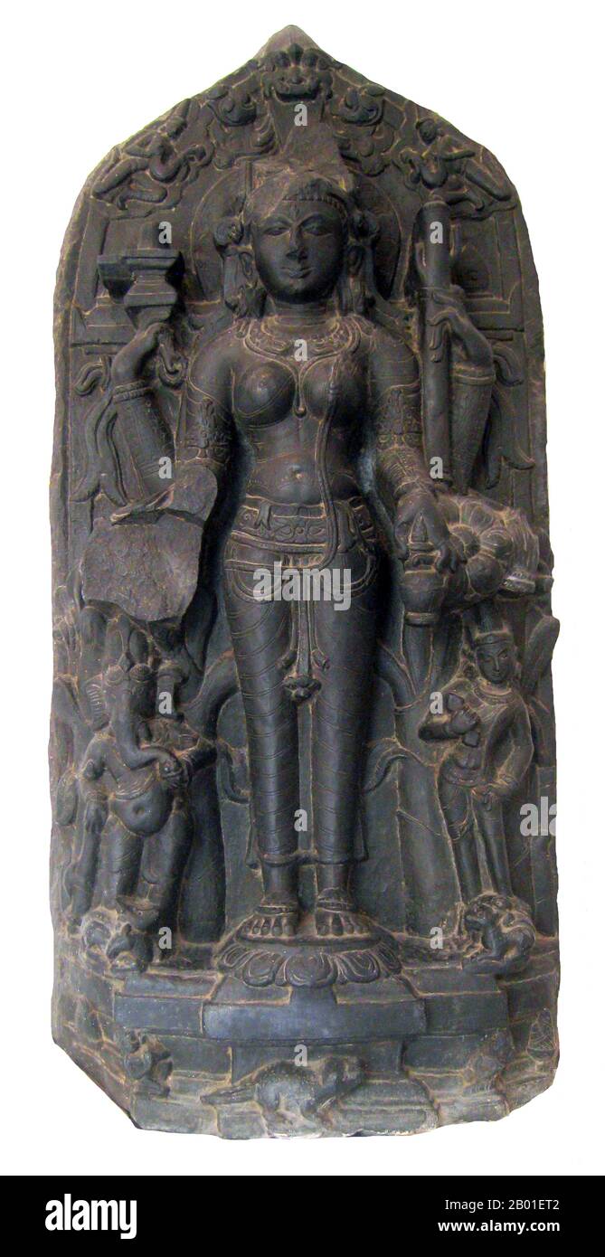 India/Bangladesh: Parvati in penance, Bengal, Pala Dynasty, 11th century CE.  The Pāla Empire, one of the major middle kingdoms of India, existed from 750–1174 CE. It was ruled by a Buddhist dynasty from Bengal in the eastern region of the Indian subcontinent, all the rulers bearing names ending with the suffix Pala (Modern Bengali: পাল pāl), which means protector. The Palas were often described by opponents as the Lords of Gauda. The Palas were followers of the Mahayana and Tantric schools of Buddhism. Gopala was the first ruler from the dynasty, coming to power in 750 CE in Gaur. Stock Photo