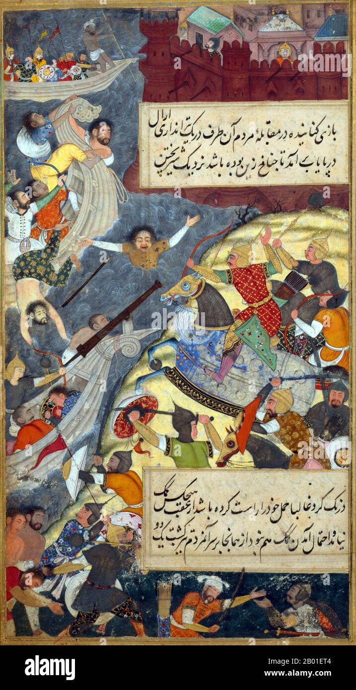 India: A battle by the banks of the River Indus. Miniature painting from the Baburnama, c. 1589.  Bāburnāma (literally: 'Book of Babur' or 'Letters of Babur'; alternatively known as Tuzk-e Babri) is the name given to the memoirs of Ẓahīr ud-Dīn Muḥammad Bābur (1483-1530), founder of the Mughal Empire and a great-great-great-grandson of Timur. It is an autobiographical work, originally written in the Chagatai language, known to Babur as 'Turki' (meaning Turkic), the spoken language of the Andijan-Timurids. Stock Photo