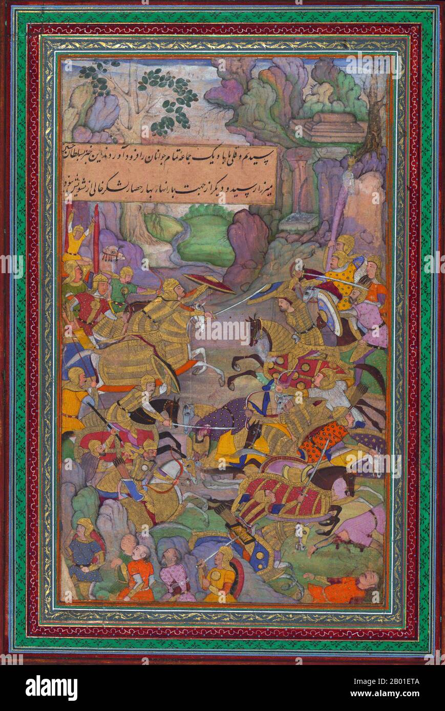 India: Babur defeats his foes. Miniature painting from the Baburnama, late 16th century.  Bāburnāma (literally: 'Book of Babur' or 'Letters of Babur'; alternatively known as Tuzk-e Babri) is the name given to the memoirs of Ẓahīr ud-Dīn Muḥammad Bābur (1483-1530), founder of the Mughal Empire and a great-great-great-grandson of Timur. It is an autobiographical work, originally written in the Chagatai language, known to Babur as 'Turki' (meaning Turkic), the spoken language of the Andijan-Timurids. Stock Photo