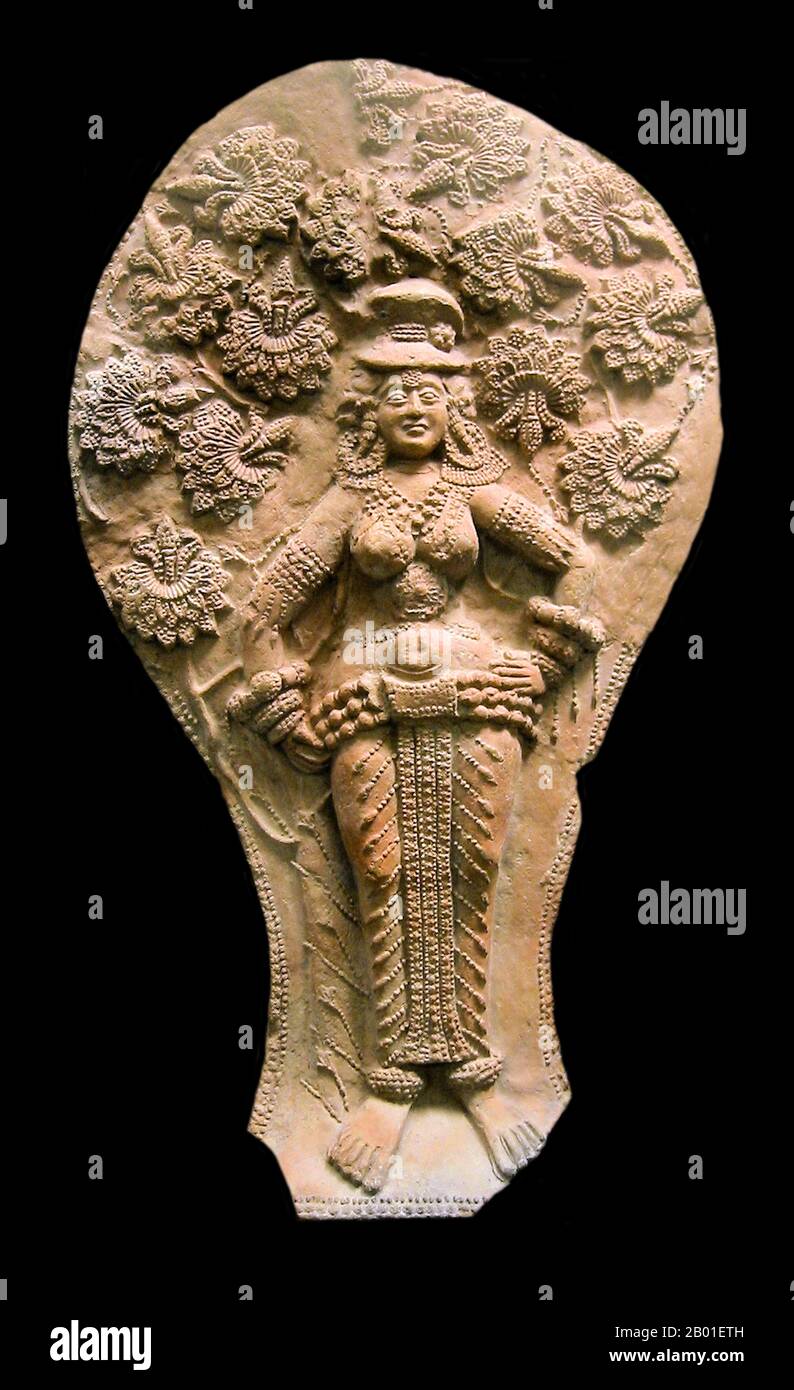 India/Bangladesh: A yakshi or female spirit, Chandraketugarh, Sunga Dynasty, c. 2nd-1st century BCE. Photo by World Imaging (CC BY-SA 3.0 License).  The Sunga Empire or Shunga Empire was a royal Indian dynasty from Magadha that controlled vast areas of the Indian Subcontinent from around 185 to 73 BCE. The dynasty was established by Pusyamitra Sunga, after the fall of the Maurya Empire. Its capital was Pataliputra, but later emperors such as Bhagabhadra also held court at Vidisha, modern Besnagar in Eastern Malwa. Stock Photo