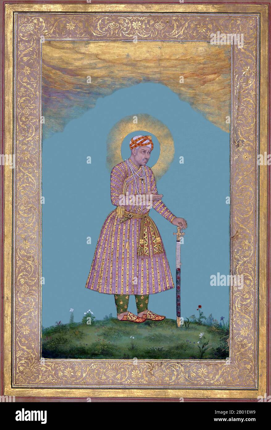 India: Akbar (25 October 1542  – 27 October 1605), the 3rd Mughal Emperor, towards the end of his reign. Posthumous portrait commissioned by Akbar's grandson, Shah Jahan (r. 1628-1658), 1645.  Akbar (r. 1556-1605), also known as Shahanshah Akbar-e-Azam or Akbar the Great, was the third Mughal Emperor. He was of Timurid descent; the son of Emperor Humayun, and the grandson of  Emperor Babur, the ruler who founded the Mughal dynasty in India. At the end of his reign in 1605 the Mughal empire covered most of the northern and central India.  Akbar was thirteen years old when he became emperor. Stock Photo