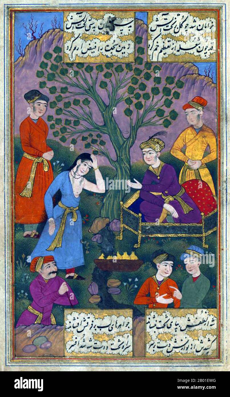 India: The Mughal Emperor Akbar intercedes with a young Hindu woman determined to commit suttee (self-immolation) after the accidental death of her husband-to-be. From the illuminated manuscript poem Sūz va gudāz ('Burning and melting') by Muhammad Riza Naw'i Khabushani (1563–1610). c. 1657.  Akbar (25 October 1542 - 27 October 1605), also known as Shahanshah Akbar-e-Azam or Akbar the Great, was the third Mughal Emperor. He was of Timurid descent; the son of Emperor Humayun, and the grandson of  Emperor Babur, the ruler who founded the Mughal dynasty in India. Stock Photo