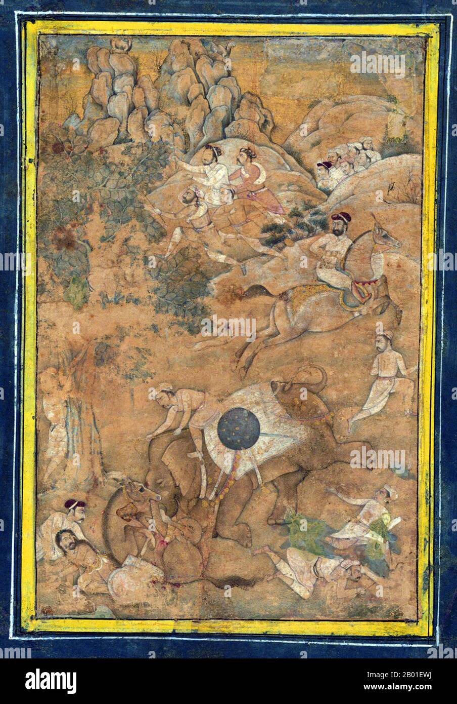 India: Emperor Akbar (25 October 1542 - 27 October 1605) controlling an elephant in musth during a hunt. Leaf, c. early 17th century.  Akbar (r. 1556-1605), also known as Shahanshah Akbar-e-Azam or Akbar the Great, was the third Mughal Emperor. He was of Timurid descent; the son of Emperor Humayun, and the grandson of  Emperor Babur, the ruler who founded the Mughal dynasty in India. At the end of his reign in 1605 the Mughal empire covered most of the northern and central India.  Akbar was thirteen years old when he ascended the Mughal throne in Delhi (February 1556). Stock Photo