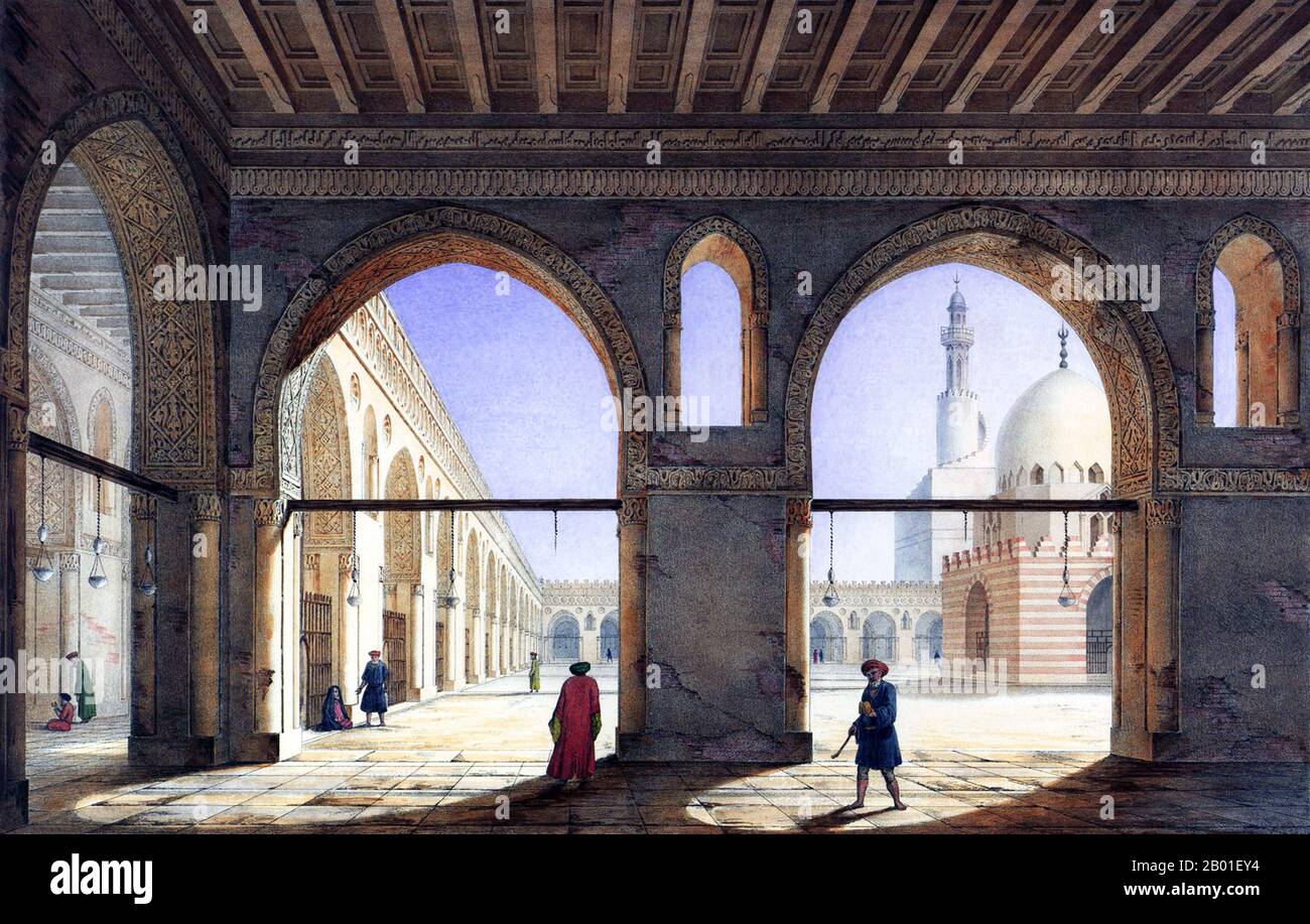 Egypt: View of the Mosque of Ahmad ibn Tulun, Cairo. Painting by Pascal Coste (26 November 1787 - 8 February 1879), c. 1839.  The Mosque of Ahmad Ibn Ţūlūn (Arabic: مسجد أحمد بن طولون) is located in Cairo, Egypt. It is arguably the oldest mosque in the city surviving in its original form, and is the largest mosque in Cairo in terms of land area.There is significant controversy over the date of construction of the minaret, which features a helical outer staircase similar to that of the famous minaret in Samarra. Legend has it that ibn Ţūlūn himself was accidentally responsible for the design. Stock Photo
