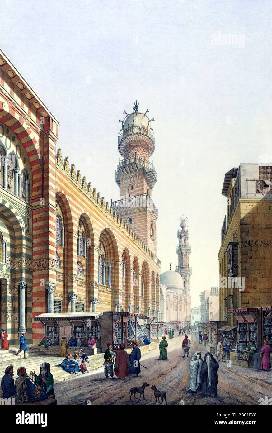 Egypt: View of the Sultan al-Mansur ibn Qala'um Mosque, Cairo. Painting by Pascal Coste (26 November 1787 - 8 February 1879), c. 1829.  The Mosque complex of Sultan Qala'un was built along the Shari' el-Muizz in 1284 by Sultan el-Mansur Qala'um. It comprises a mosque, madrasa, a mausoleum and a muristan (which was replaced by a modern hospital in the 1920s). The complex is the earliest example of a new Syrian style of those times, and displays typical Mameluke architecture. Stock Photo