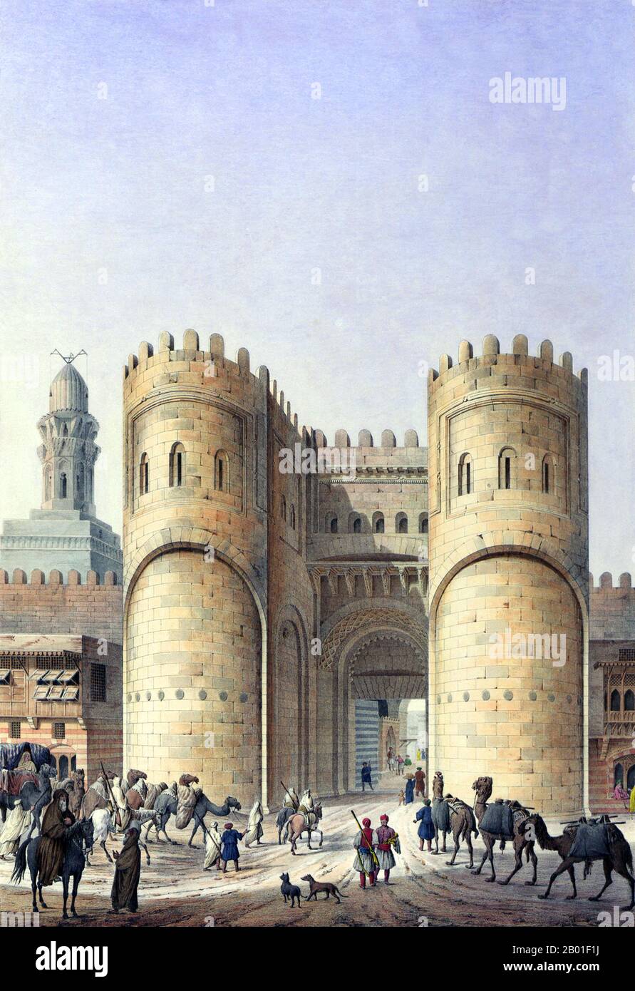 Egypt: Bab al-Futuh gate, Cairo. Painting by Pascal Coste (26 November 1787 - 8 February 1879), c. 1839.  Xavier Pascal Coste was a French architect. His father was one of the leading joiners in Marseille. Showing intellectual and artistic promise, Pascal began his studies in the studio of Penchaud, architect of the département and the municipalité. In 1814, he was received into the École des Beaux-Arts in Paris. His time in Paris was a pivotal one in his life - there he met the geographer Edme François Jomard, who put him in touch with the viceroy of Egypt, Mehmet Ali. Stock Photo