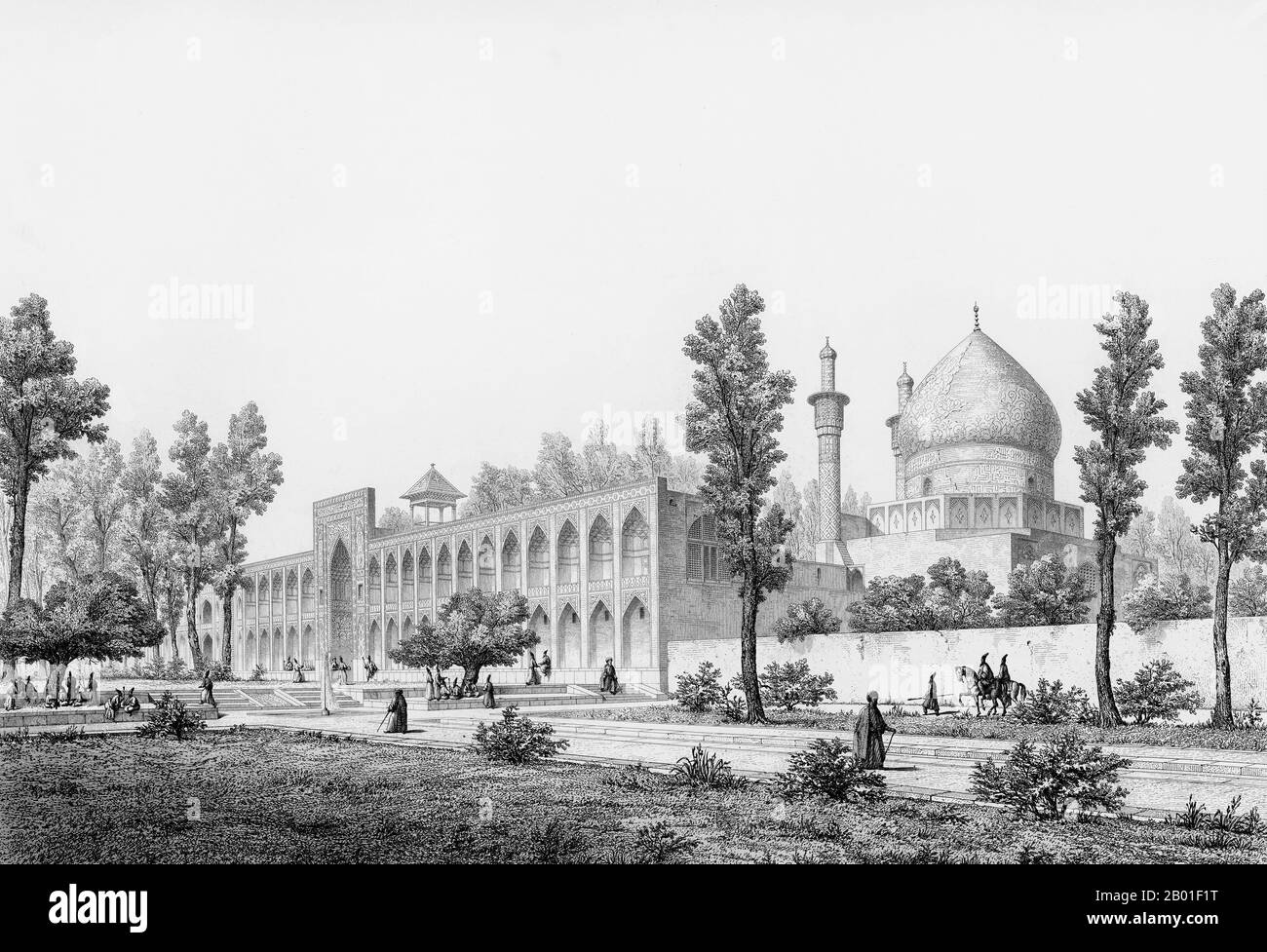 Iran/Persia: Madrasa-yi Masjid-i Shah Sultan Hussein, Isfahan, by Pascal Coste (26 November 1787 - 8 February 1879), c. 1845.  Xavier Pascal Coste was a French architect. His father was one of the leading joiners in Marseille. Showing intellectual and artistic promise, Pascal began his studies in the studio of Penchaud, architect of the département and the municipalité. In 1814, he was received into the École des Beaux-Arts in Paris. His time in Paris was a pivotal one in his life - there he met the geographer Edme François Jomard, who put him in touch with the viceroy of Egypt. Stock Photo