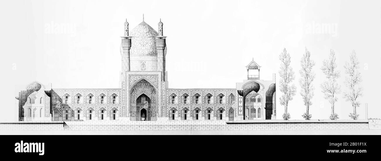 Iran/Persia: Architectural drawing of Madrasa-yi Masjid-i Shah Sultan Hussein, Isfahan, by Pascal Coste (26 November 1787 - 8 February 1879), c. 1845.  Xavier Pascal Coste was a French architect. His father was one of the leading joiners in Marseille. Showing intellectual and artistic promise, Pascal began his studies in the studio of Penchaud, architect of the département and the municipalité. In 1814, he was received into the École des Beaux-Arts in Paris. Stock Photo