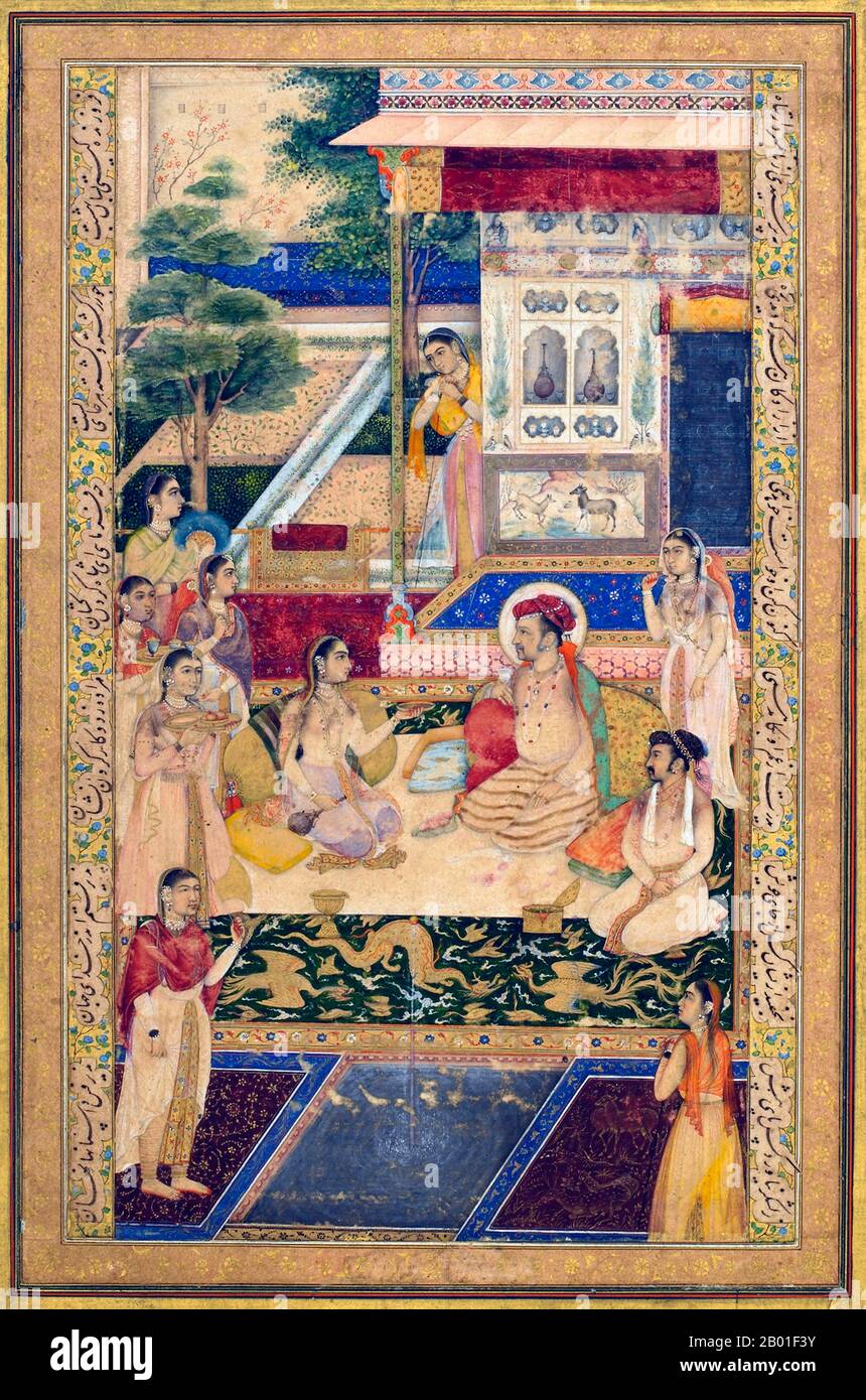 India: Jahangir (20 September 1569 - 8 November 1627) relaxing with Nur Jahan and Prince Khurram. Miniature painting, c. 1640-1650.  Jahangir (full title: Al-Sultan al-'Azam wal Khaqan al-Mukarram, Khushru-i-Giti Panah, Abu'l-Fath Nur-ud-din Muhammad Jahangir Padshah Ghazi [Jannat-Makaani]) was the ruler of the Mughal Empire from 1605 until his death in 1627.  The name Jahangir is from Persian جهانگیر,meaning 'World Conqueror'. Nur-ud-din or Nur al-Din is an Arabic name which means 'Light of the Faith'. Born as Prince Muhammad Salim, he was the third and eldest surviving son of Emperor Akbar. Stock Photo