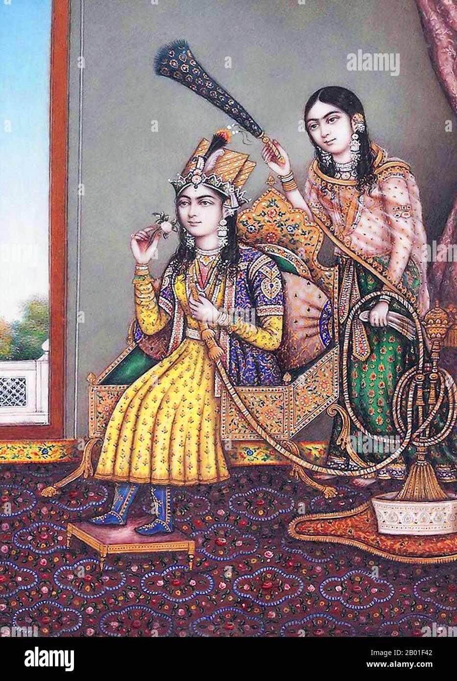 India: Mumtaz Mahal (29 October 1593 - 17 June 1631), consort of Emperor Shah Jahan (5 January 1592 - 22 January 1666), smoking a water pipe while fanned by a servant. Gouache painting, c. 1860.  Mumtaz Mahal, born Arjumand Banu Begum, was empress consort to Mughal Emperor Shah Jahan. Her family was Persian nobility from Agra, and she was the niece of empress Nur Jahan. She was Shah Jahan's second wife, but was his favourite, and together they had 14 children. She died during the birth of their 14th child, and Shah Jahan had the Taj Mahal built as a tomb for her, a monument to his undying love Stock Photo