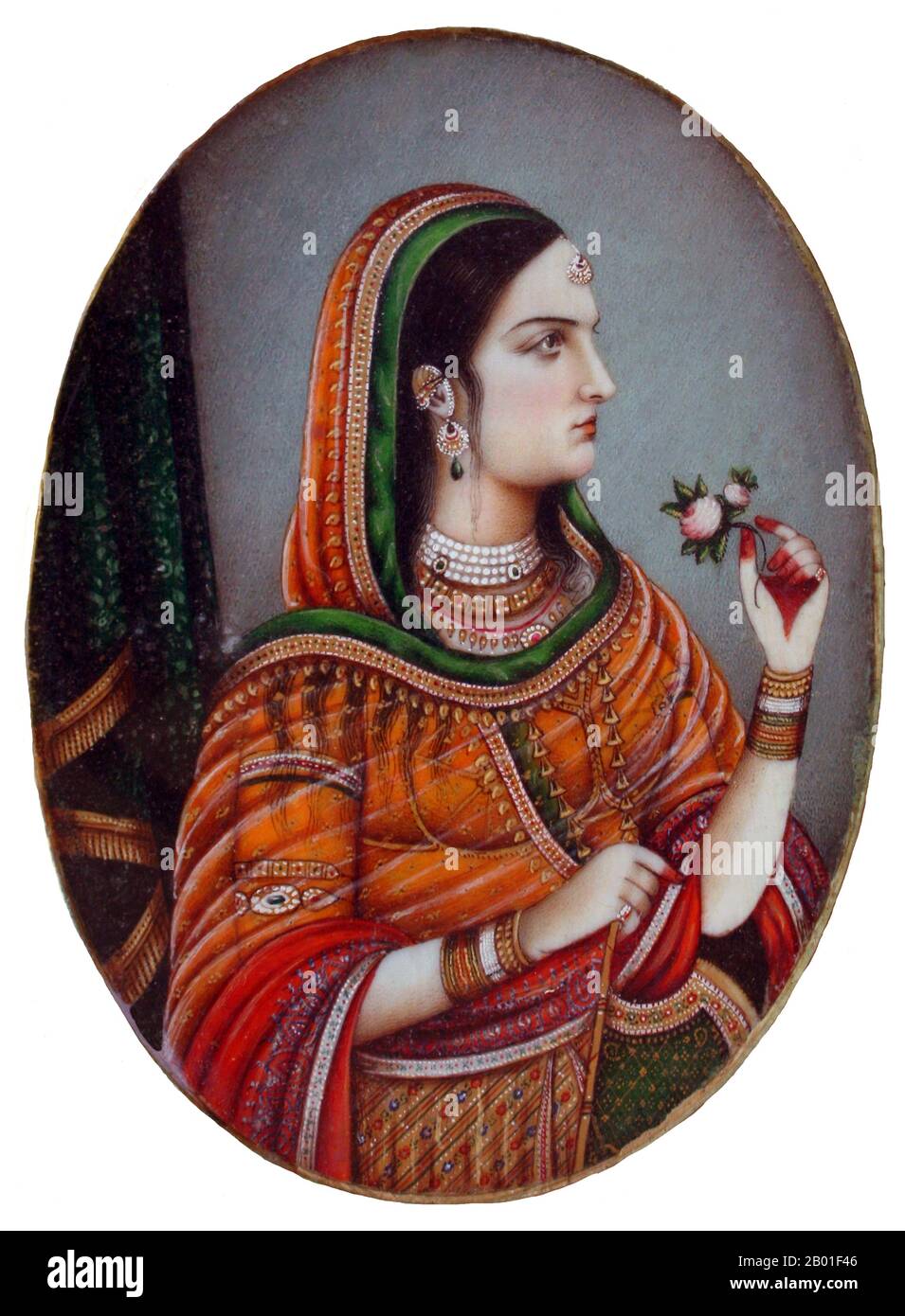 India: Empress Nur Jahan, wife of Emperor Jahangir. Miniature watercolour painting, Delhi, c. 1840.  Begum Nur Jahan (alternative spelling Noor Jahan, Nur Jehan, Nor Jahan), also known as Mehr-un-Nisaa, was an Empress of the Mughal Dynasty that ruled much of the Indian subcontinent.  Begum Nur Jahan was the twentieth and favourite wife of Mughal Emperor Jahangir, who was her second husband - and the most famous Empress of the Mughal Empire. The story of the couple's infatuation for each other and the relationship that abided between them is the stuff of many (often apocryphal) legends. Stock Photo