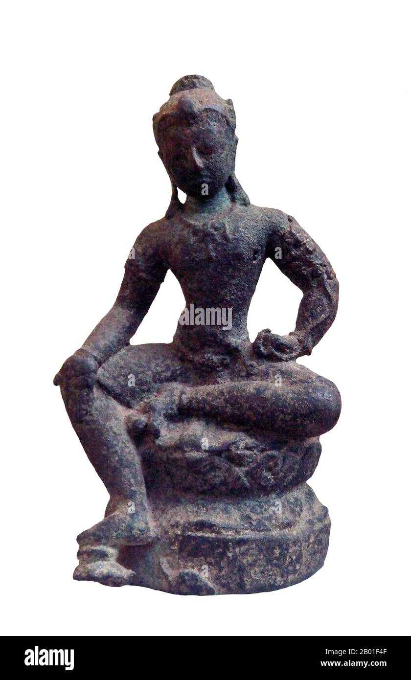 Indonesia: A seated image of Manjusri from Goa Raja cave, Bali, 10th century. Photo by PHGCOM (CC BY-SA 3.0 License).  Mañjuśrī (Skt: मञ्जुश्री) is a bodhisattva associated with transcendent wisdom (Skt. prajñā) in Mahāyāna Buddhism. In Esoteric Buddhism he is also taken as a meditation deity. The Sanskrit name Mañjuśrī can be translated as 'Gentle Glory'. Mañjuśrī is also known by the fuller Sanskrit name of Mañjuśrīkumārabhūta. Stock Photo