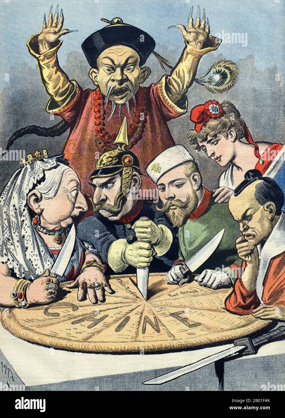 China: 'China -- the cake of kings... and emperors'. European powers and Japan collectively carving up China in this French satirical cartoon by Henri Meyer (6 March 1841 - 18 July 1899), 'Let Petit Journal', 16th January 1898.  A pie represents 'Chine' (French for China) and is being divided between caricatures of Queen Victoria of the United Kingdom, William II of Germany (who is squabbling with Queen Victoria over a borderland piece), Nicholas II of Russia, the French Marianne (depicted close to Nicholas II as a reminder of the Franco-Russian Alliance) and a samurai representing Japan. Stock Photo