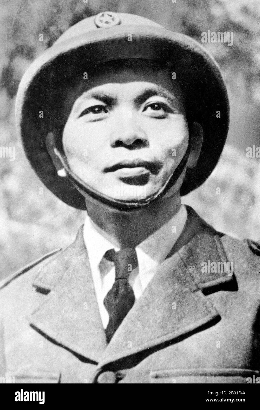 Vietnam: General Vo Nguyen Giap (25 August 1911 - 4 October 2013), Victor of Dien Bien Phu, 1954.  Vo Nguyen Giap, was a Vietnamese officer in the Vietnam People's Army and a politician. He was a principal commander in two wars: the First Indochina War (1946-1954) and the Second Indochina War (1960-1975). He participated in the following historically significant battles: Lạng Sơn (1950); Hòa Bình (1951-1952); Điện Biên Phủ (1954); the Tết Offensive (1968); the Nguyên Huế Offensive (known in the West as the Easter Offensive) (1972); and the final Hồ Chí Minh Campaign (1975). Stock Photo