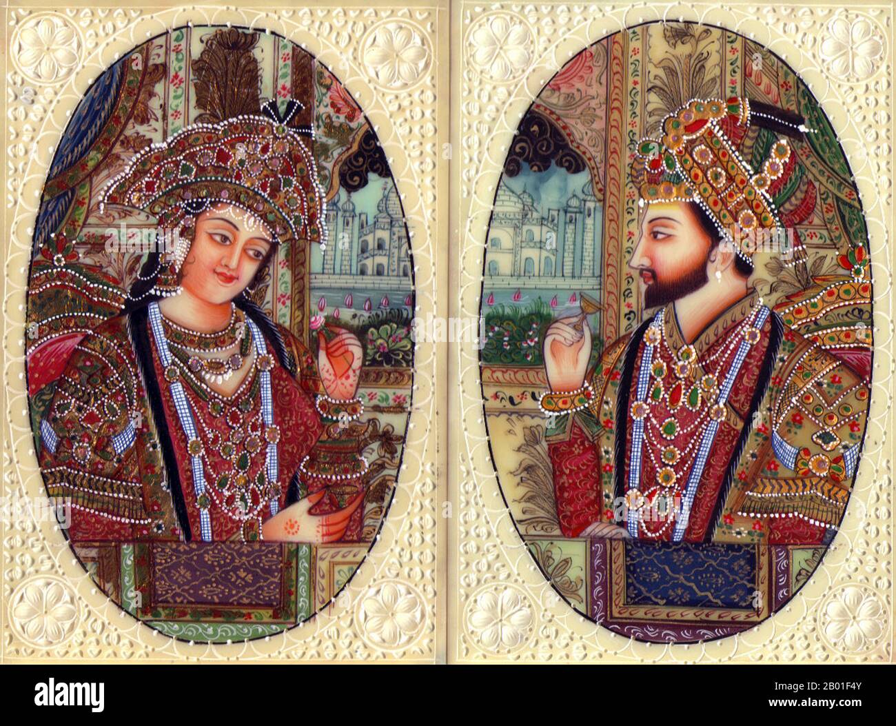 India: Shah Jahan (5 January 1592 - 22 January 1666) and Mumtaz Mahal (29 October 1593 - 17 June 1631) in twin portraits, Mughal style, c. early 20th century.  Shah Jahan was the emperor of the Mughal Empire in the Indian Subcontinent from 1628 until 1658. The name Shah Jahan comes from Persian meaning 'King of the World'.  He was the fifth Mughal emperor after Babur, Humayun, Akbar and Jahangir.  Mumtaz Mahal, born Arjumand Banu Begum, was a Mughal Empress and chief consort of Emperor Shah Jahan. The Taj Mahal in Agra was constructed by her husband as her tomb and a symbol of his undying love Stock Photo