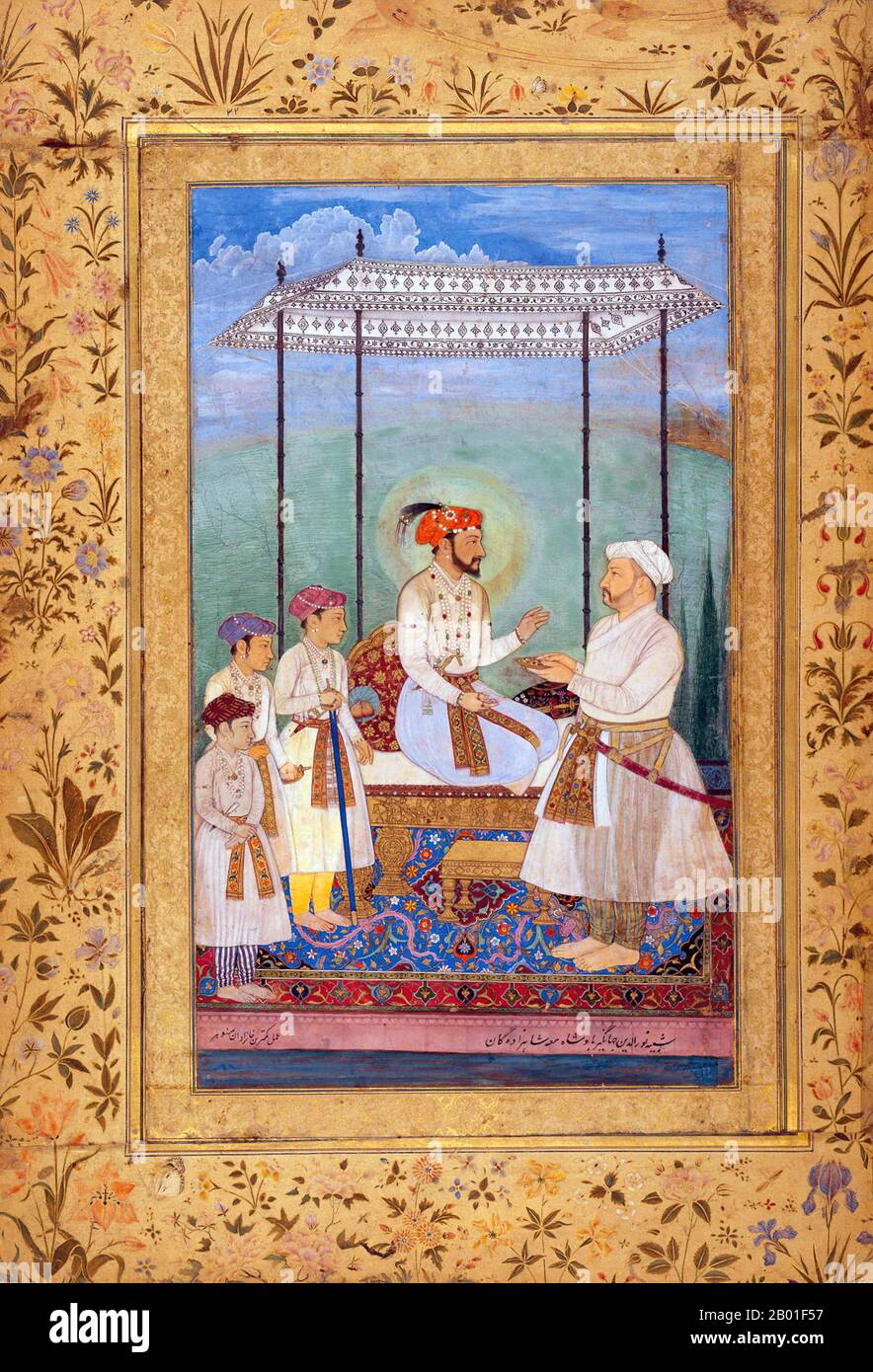 India: Shah Jahan (5 January 1592 - 22 January 1666) with his three sons, Dara Shikoh, Shah Shuja and Aurangzeb, their maternal grandfather Asaf Khan to the right. Miniature painting, c. 1628.  Shah Jahan was the emperor of the Mughal Empire in the Indian Subcontinent from 1628 until 1658. The name Shah Jahan comes from Persian meaning 'King of the World'. He was the fifth Mughal emperor after Babur, Humayun, Akbar, and Jahangir.  The period of his reign was the golden age of Mughal architecture. Shah Jahan erected many splendid monuments, the most famous of which is the legendary Taj Mahal. Stock Photo